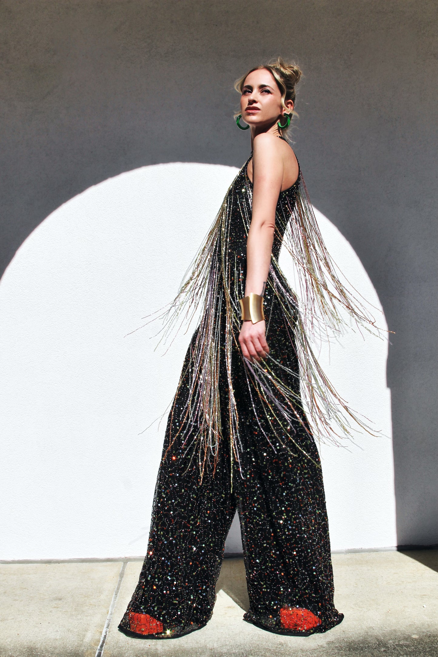 FIRECRACKER fully sequined + beaded tassel fringe jumpsuit *FOXY FAVE* size 4 >> black with multi-colored sequins