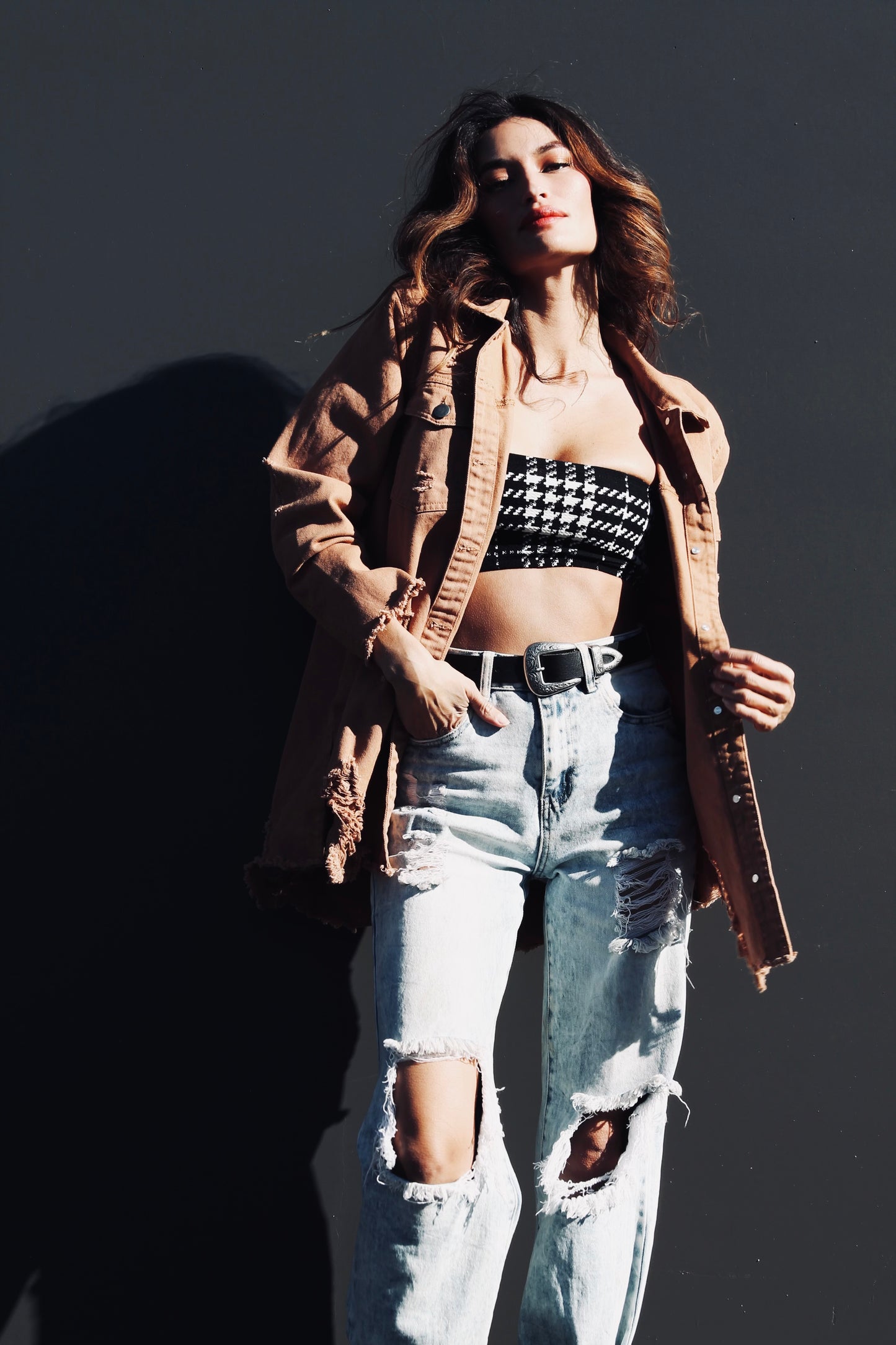 CRUSHIN’ ON YOU distressed denim shacket, size XL