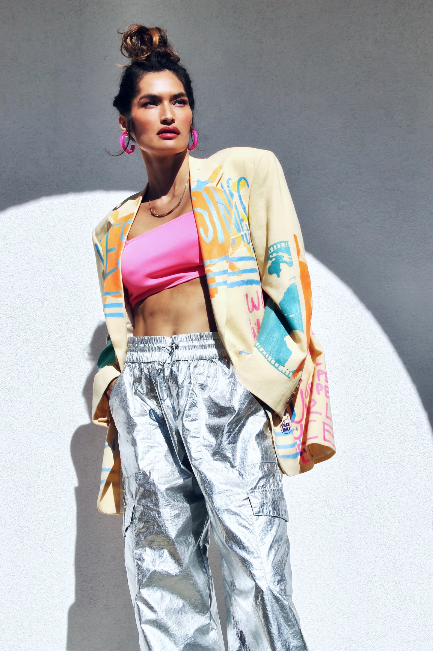 WORLD PEACE painted blazer *VINTAGE + HAND PAINTED + MADE IN THE USA* >> butter yellow + multi-colored graphics