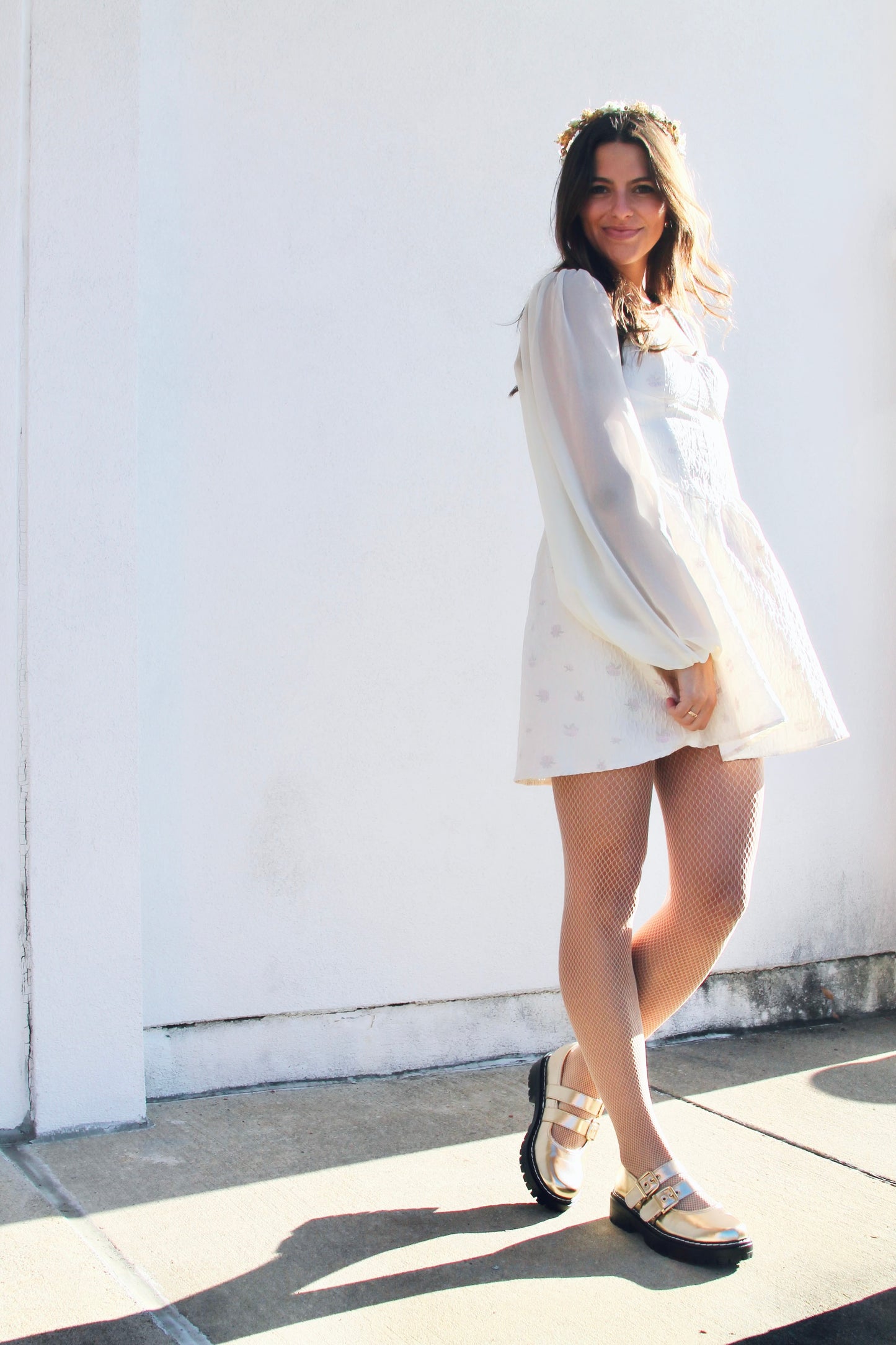 FAIRYTALE corset + sheer balloon sleeve mini dress, small