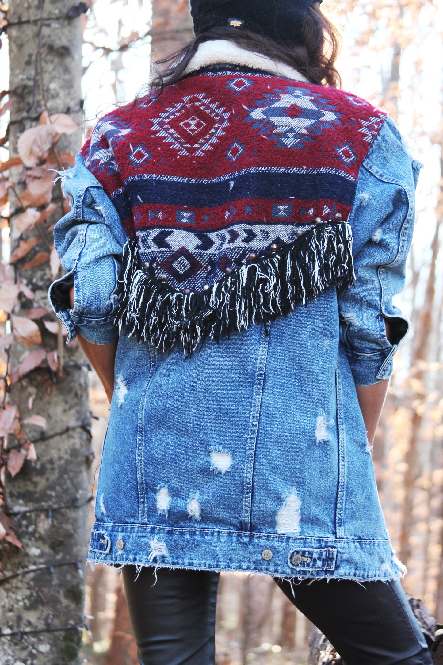 REINDEER GAMES distressed denim jacket w/ fringe + tribal patchwork, size small