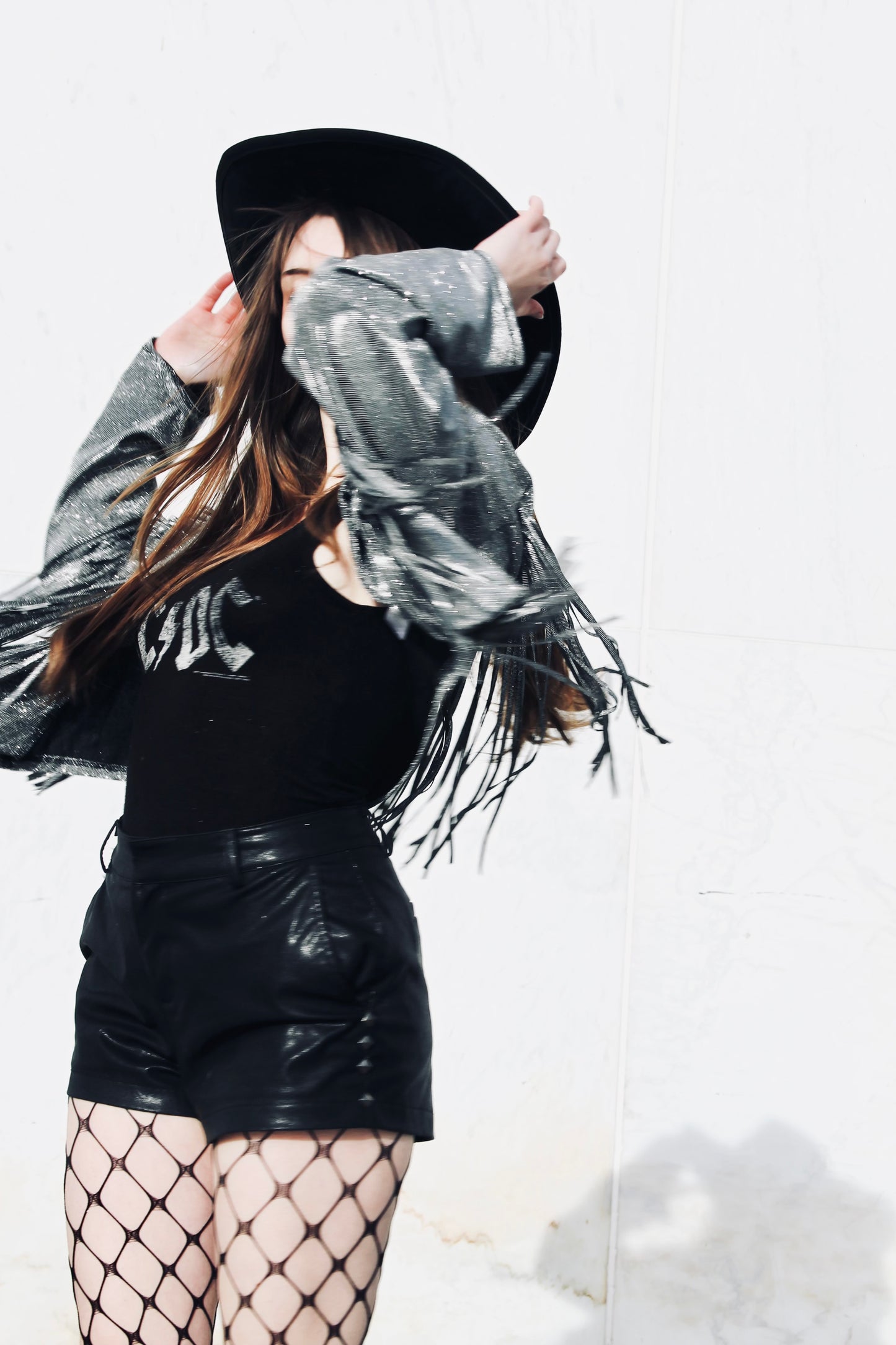REBEL SPIRIT silver sparkle + tassel-fringe jacket, XL *FOXY FAVE* >> gunmetal grey
