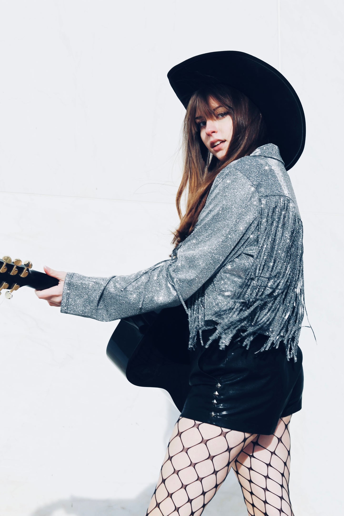 REBEL SPIRIT silver sparkle + tassel-fringe jacket, XL *FOXY FAVE* >> gunmetal grey