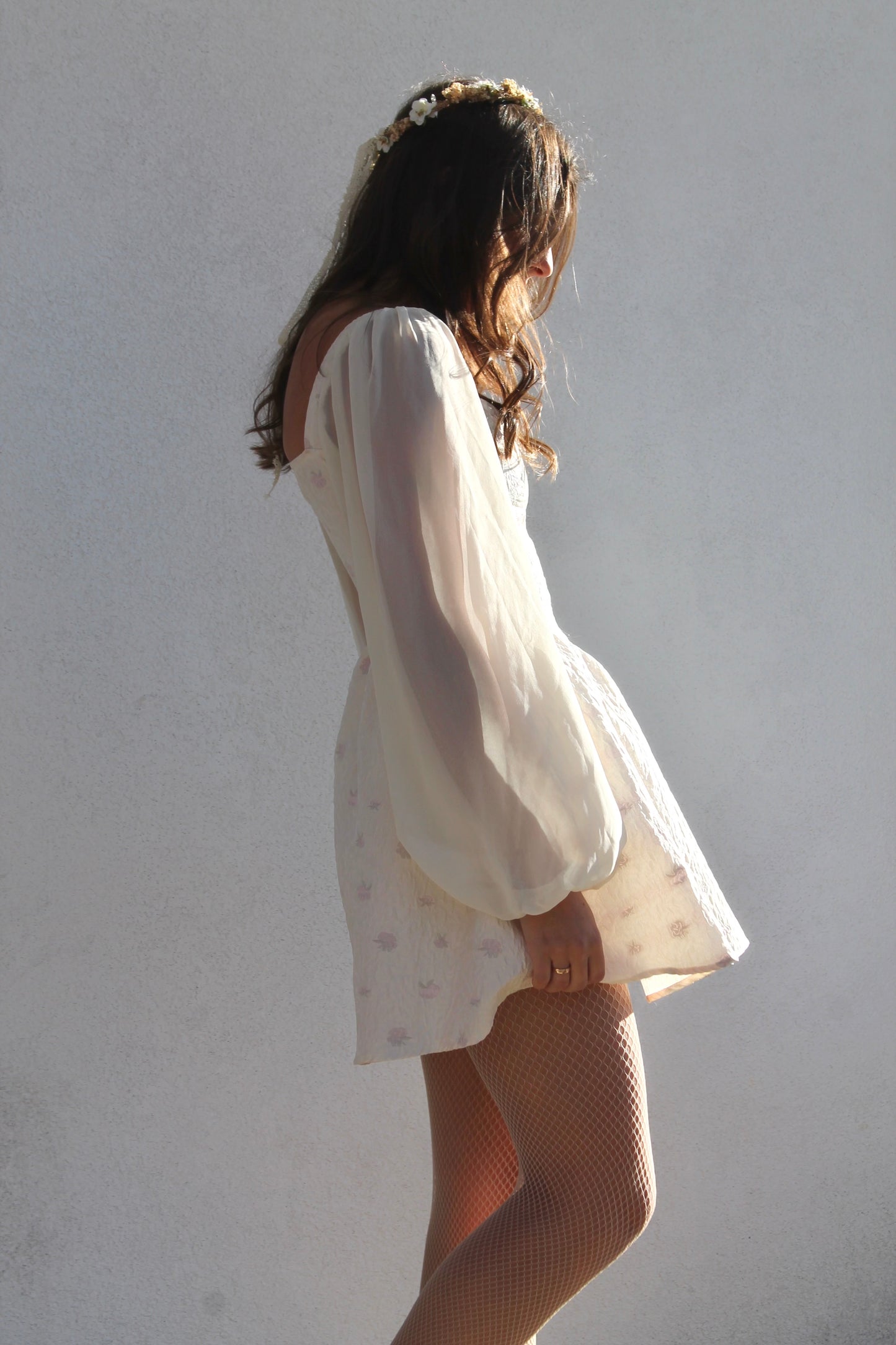 FAIRYTALE corset + sheer balloon sleeve mini dress, small