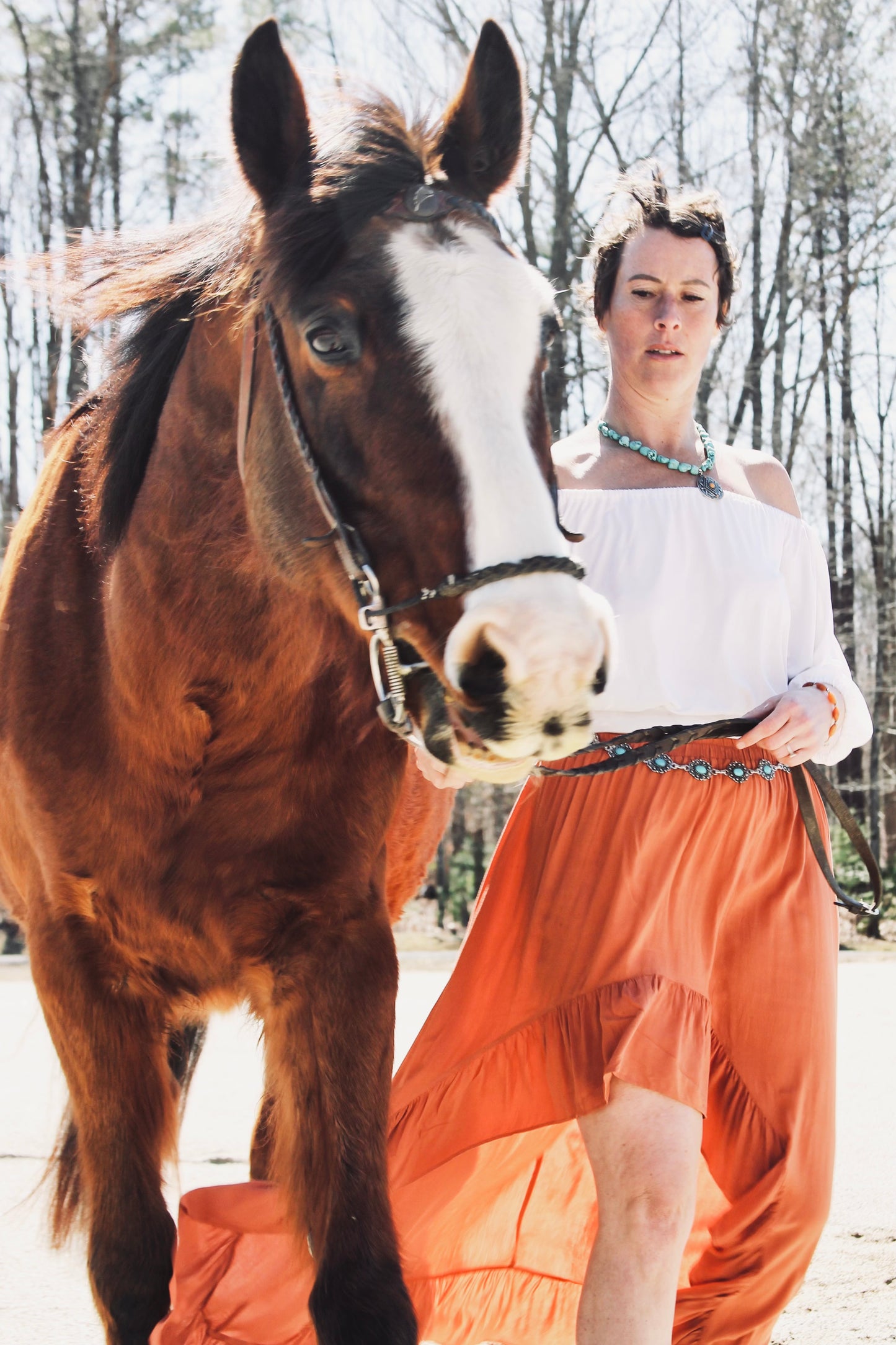 AMBER WINDS high-low flowy maxi skirt, large >> rust