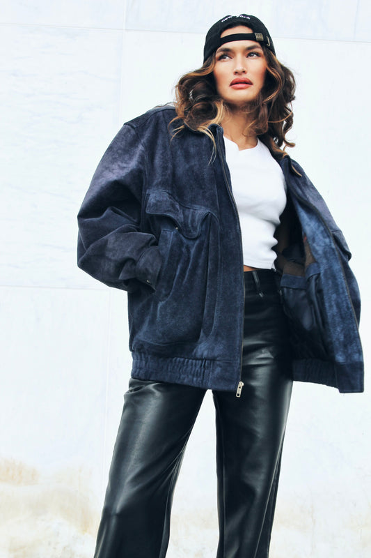 WUSSUP oversized suede bomber jacket , men’s large *TRUE VINTAGE + 100% GENUINE LEATHER >> deep blue
