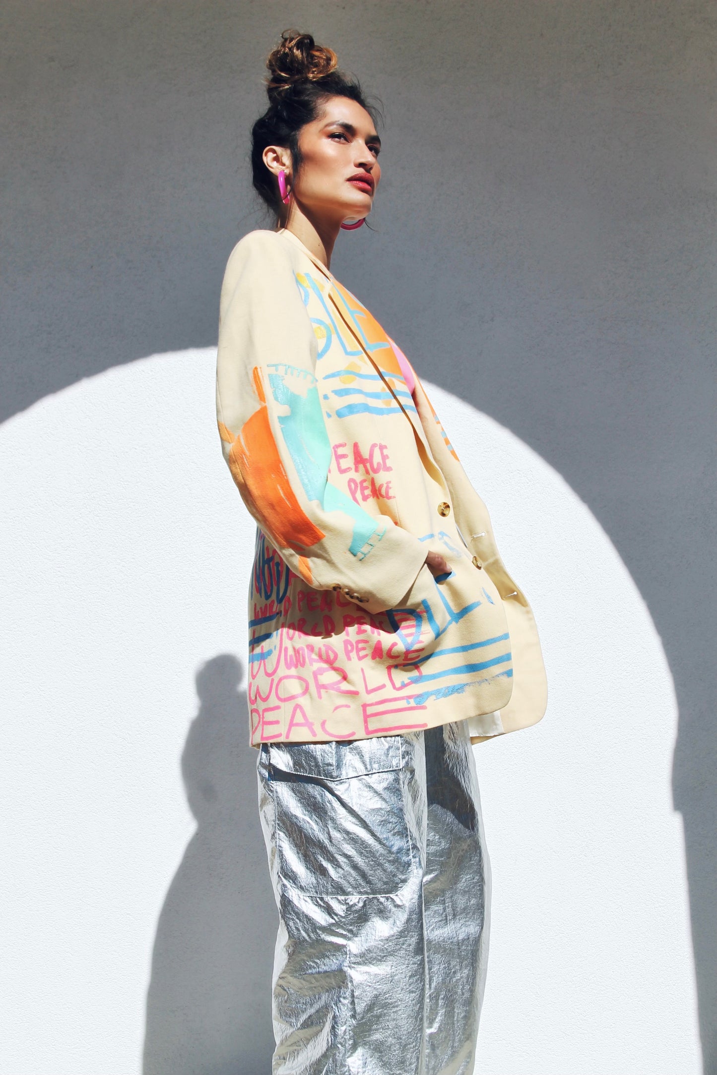 WORLD PEACE painted blazer *VINTAGE + HAND PAINTED + MADE IN THE USA* >> butter yellow + multi-colored graphics