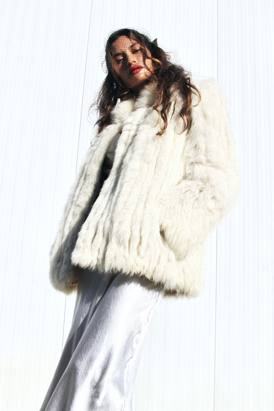 FOXY SOCIETY fur coat, small/medium *VINTAGE + GENUINE FOX FUR, SILK, SUEDE + JACQUES SAINT LAURENT*