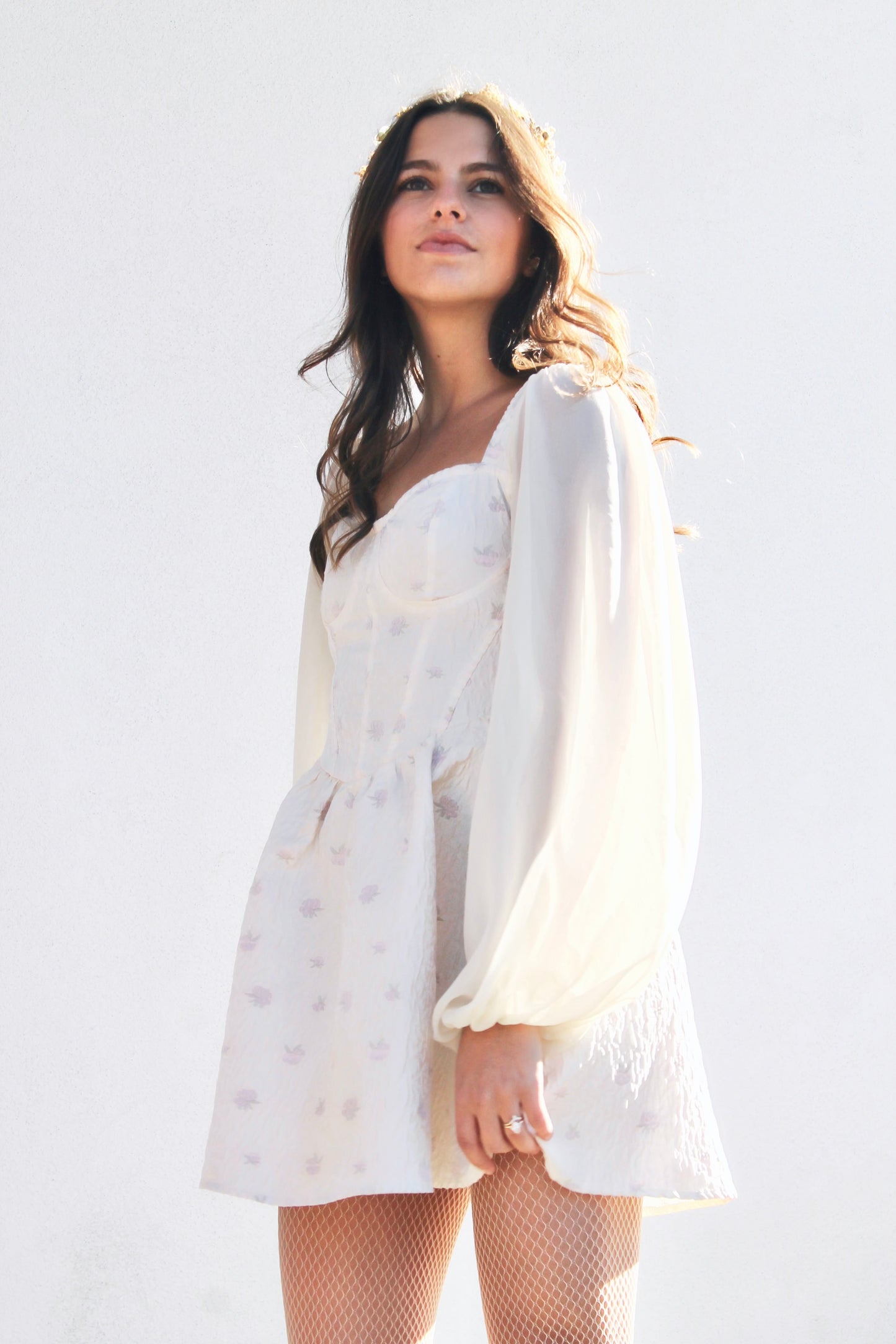 FAIRYTALE corset + sheer balloon sleeve mini dress, small