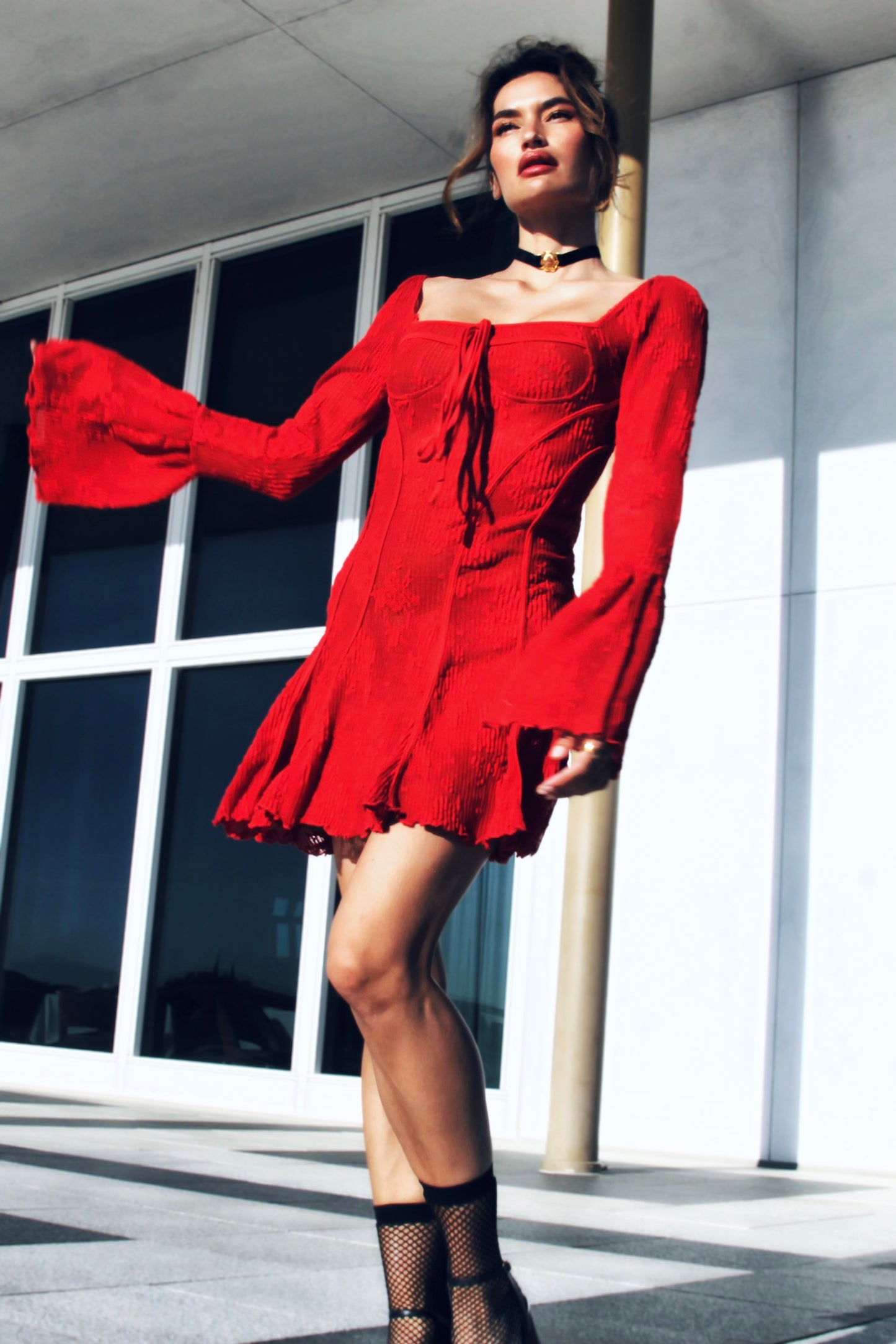 A SPANISH FALL romantic lace + bell sleeve mini dress, *VINTAGE GUCCI* medium >> red