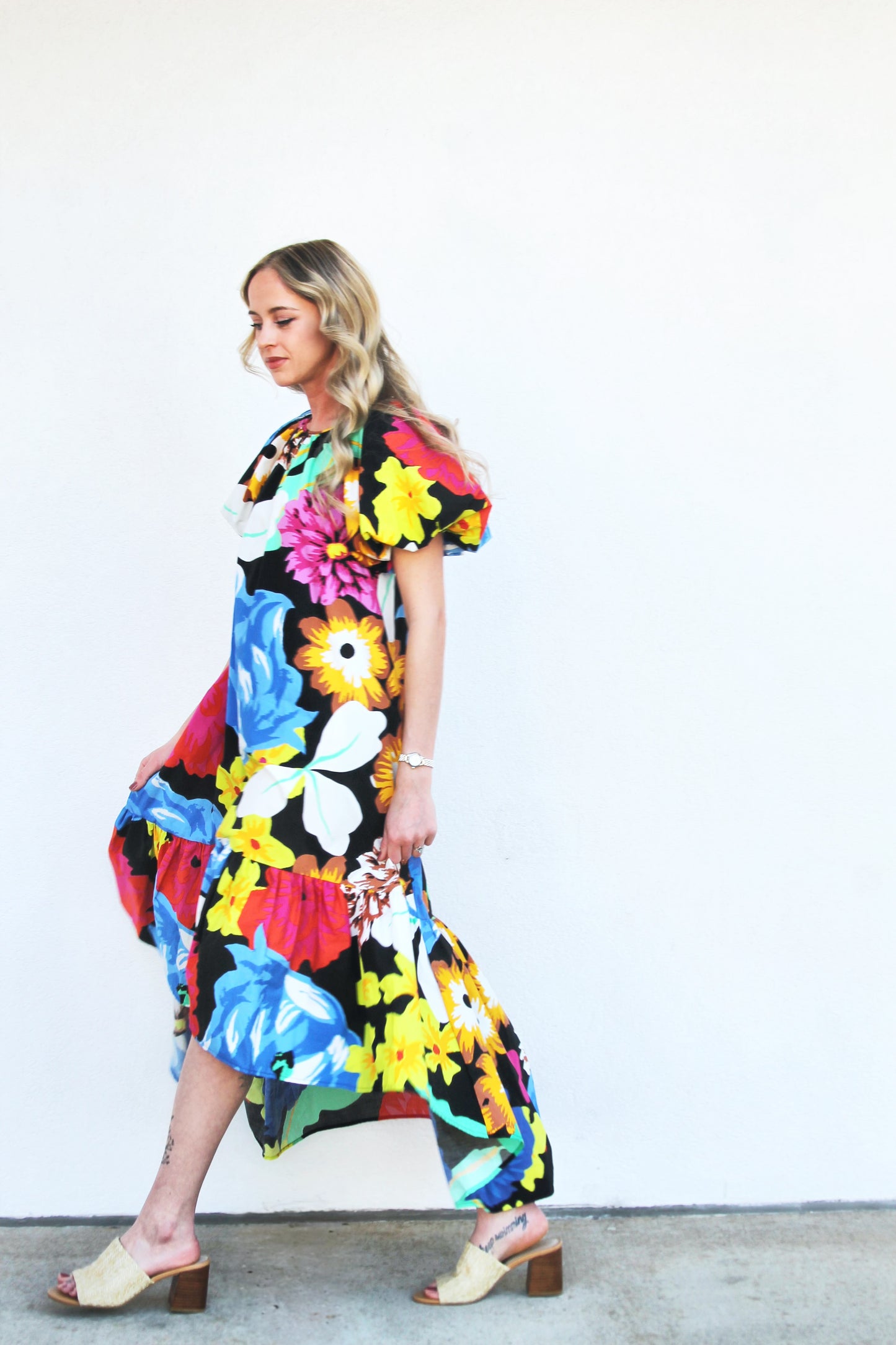FOR THE LOVE OF FLORA vibrant + high-low midi dress, size extra small >> black with multicolored floral print