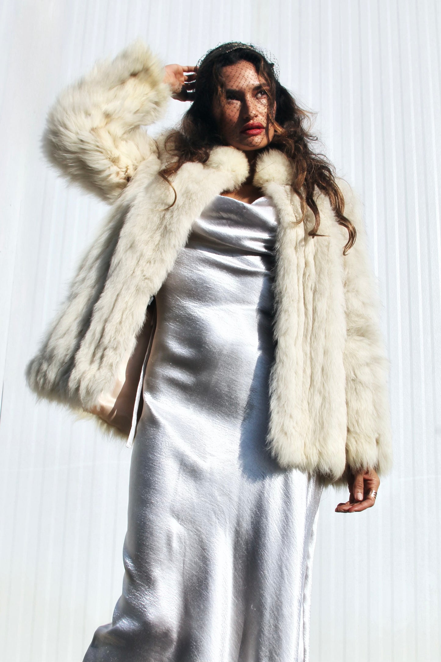 FOXY SOCIETY fur coat, small/medium *VINTAGE + GENUINE FOX FUR, SILK, SUEDE + JACQUES SAINT LAURENT*