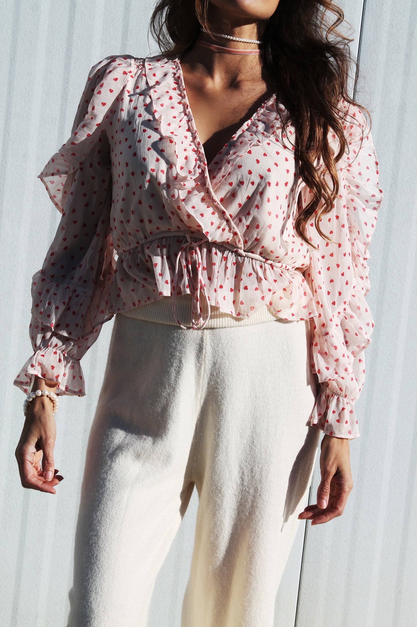HEART STRINGS sheer + ruffle heart polka dot top, large