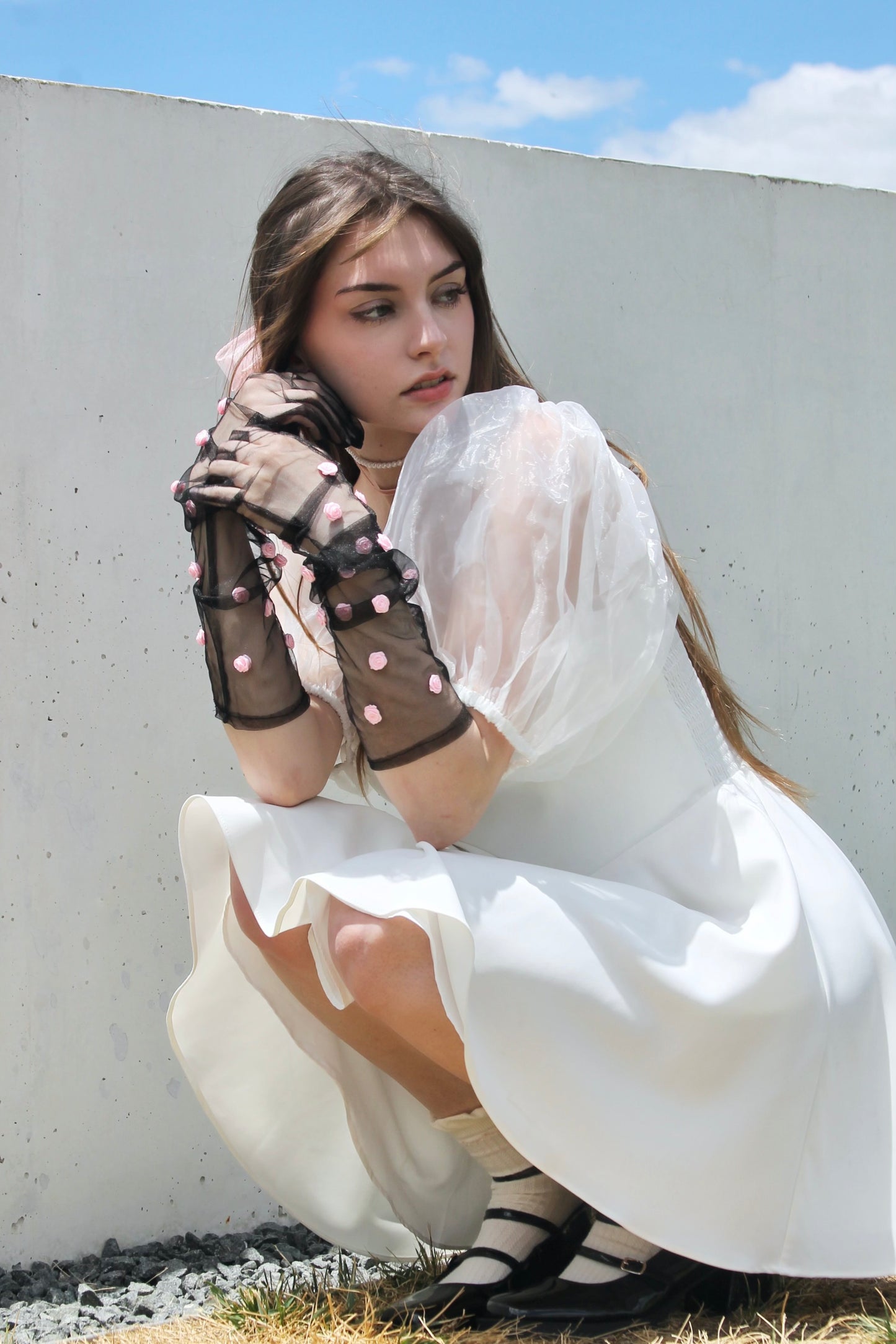 ONLY IN A DREAM sheer puff sleeve + pure white mini dress, small