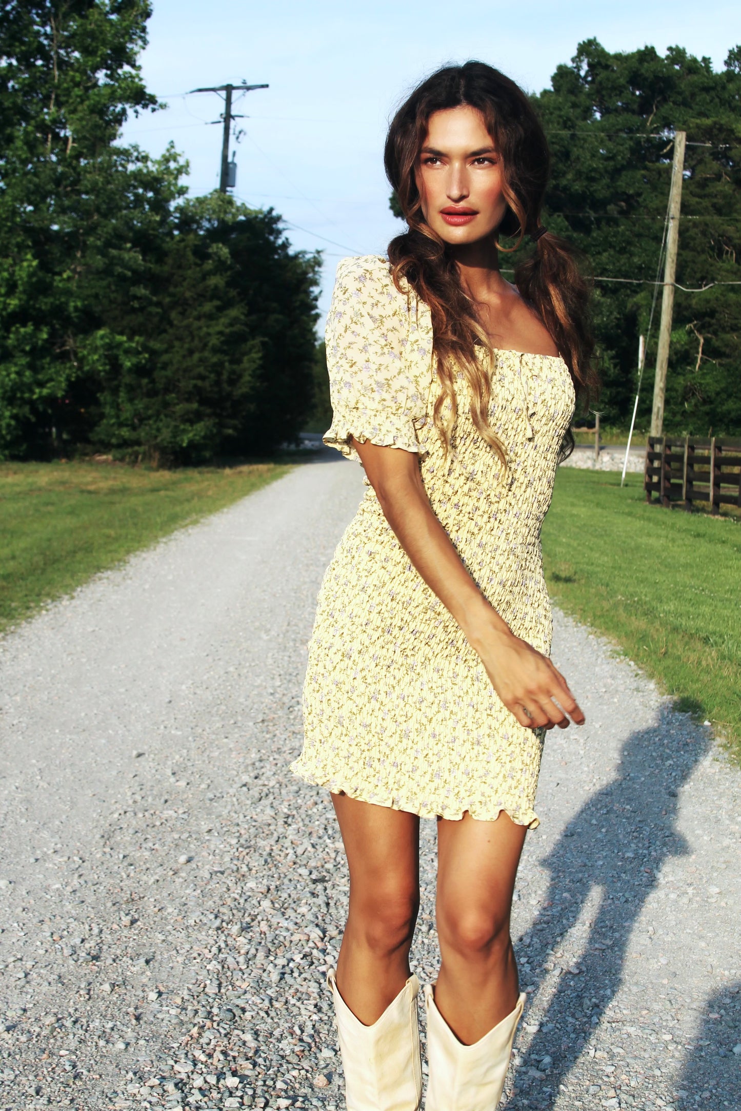 JUNIPER SUNSET smocked floral mini dress, medium