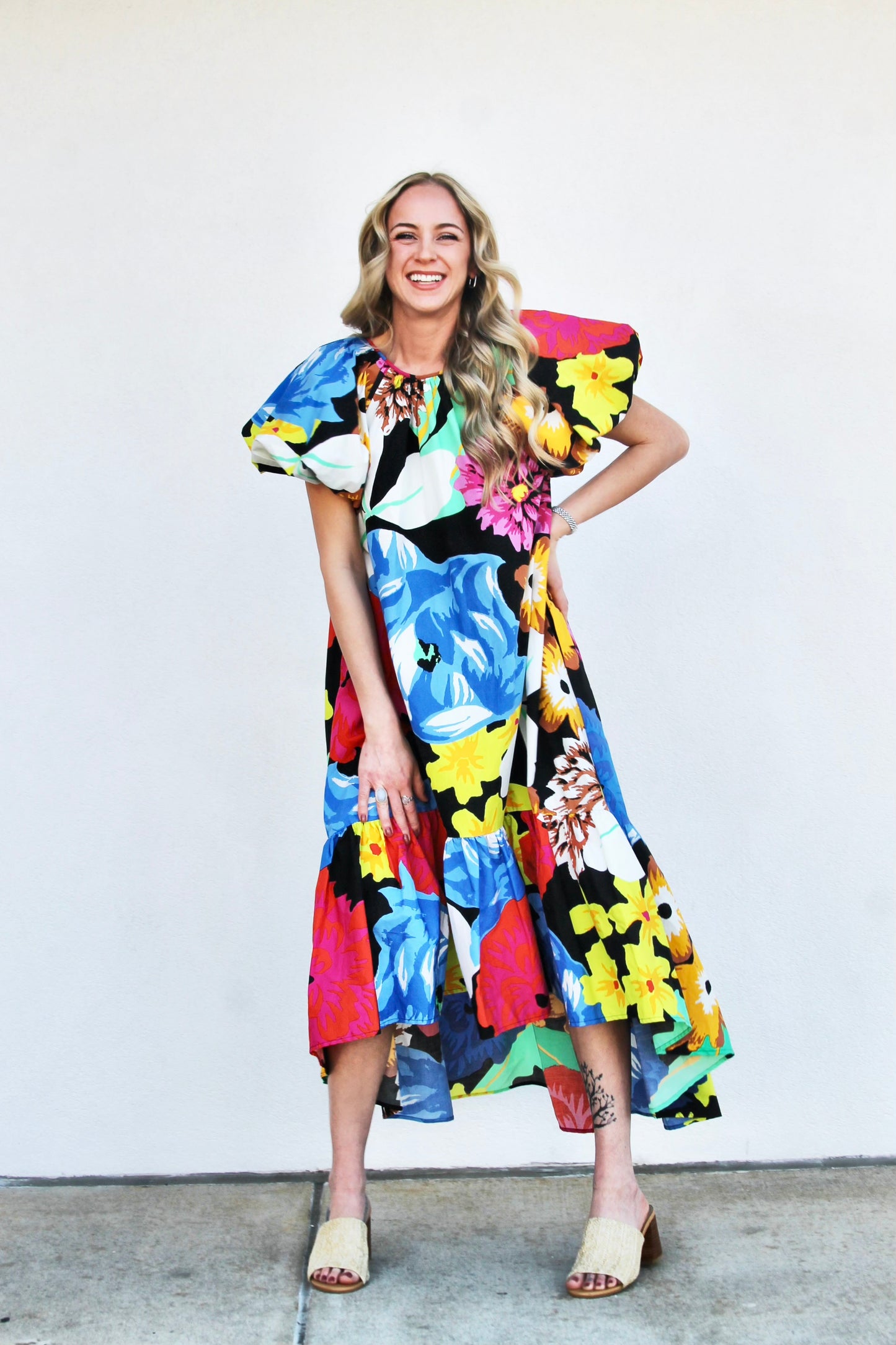 FOR THE LOVE OF FLORA vibrant + high-low midi dress, size extra small >> black with multicolored floral print