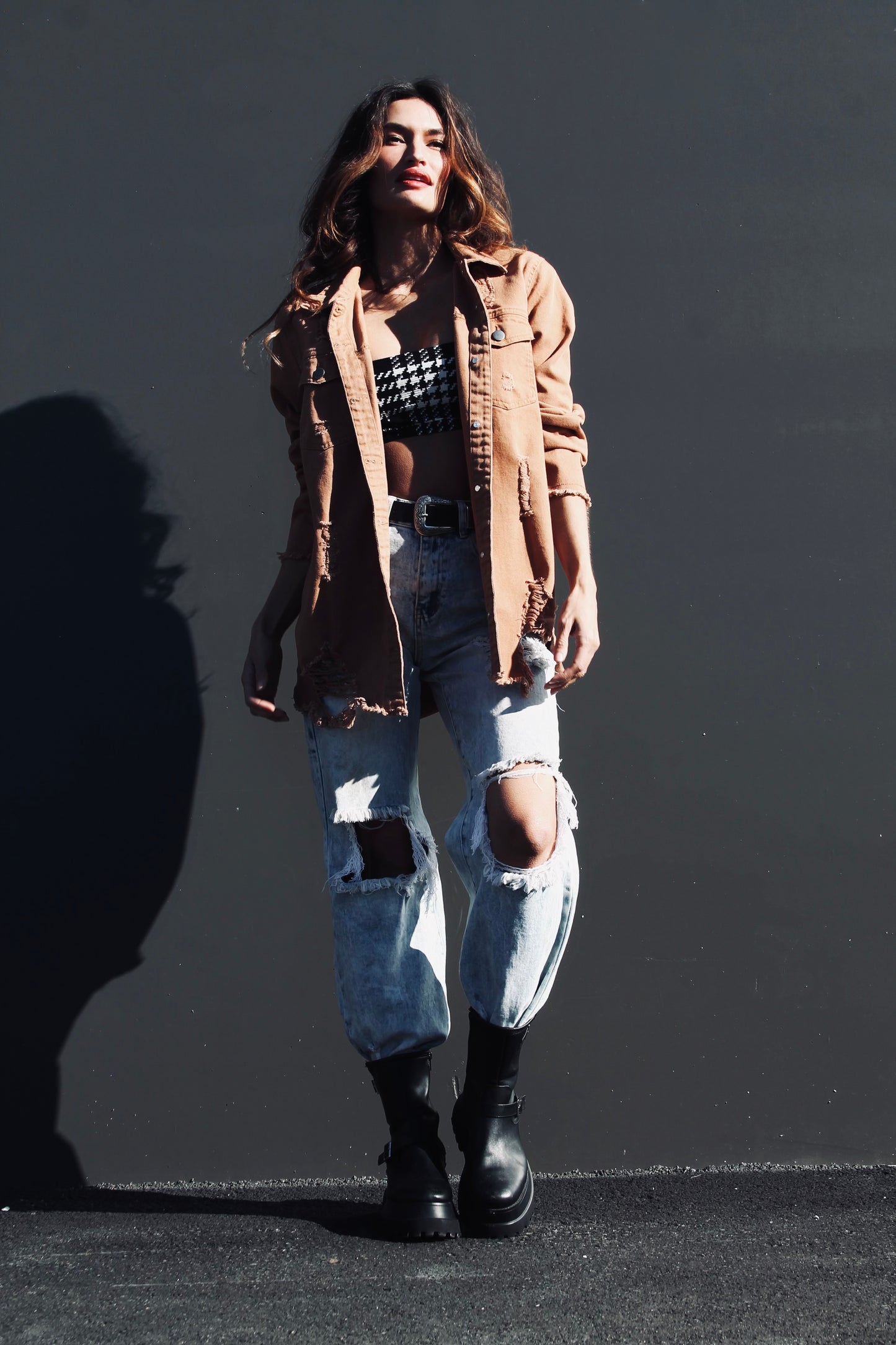 CRUSHIN’ ON YOU distressed denim shacket, size XL
