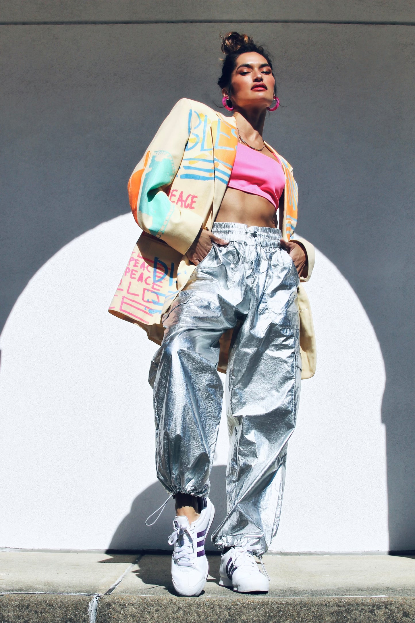 WORLD PEACE painted blazer *VINTAGE + HAND PAINTED + MADE IN THE USA* >> butter yellow + multi-colored graphics
