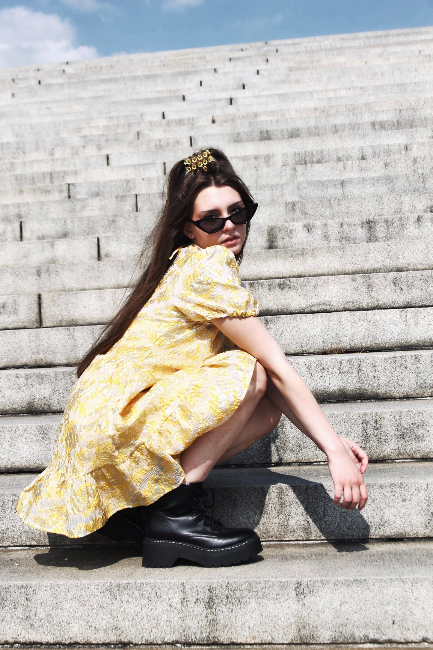 FALL INTO ME lustrous + brocade mini dress, small >> golden canary