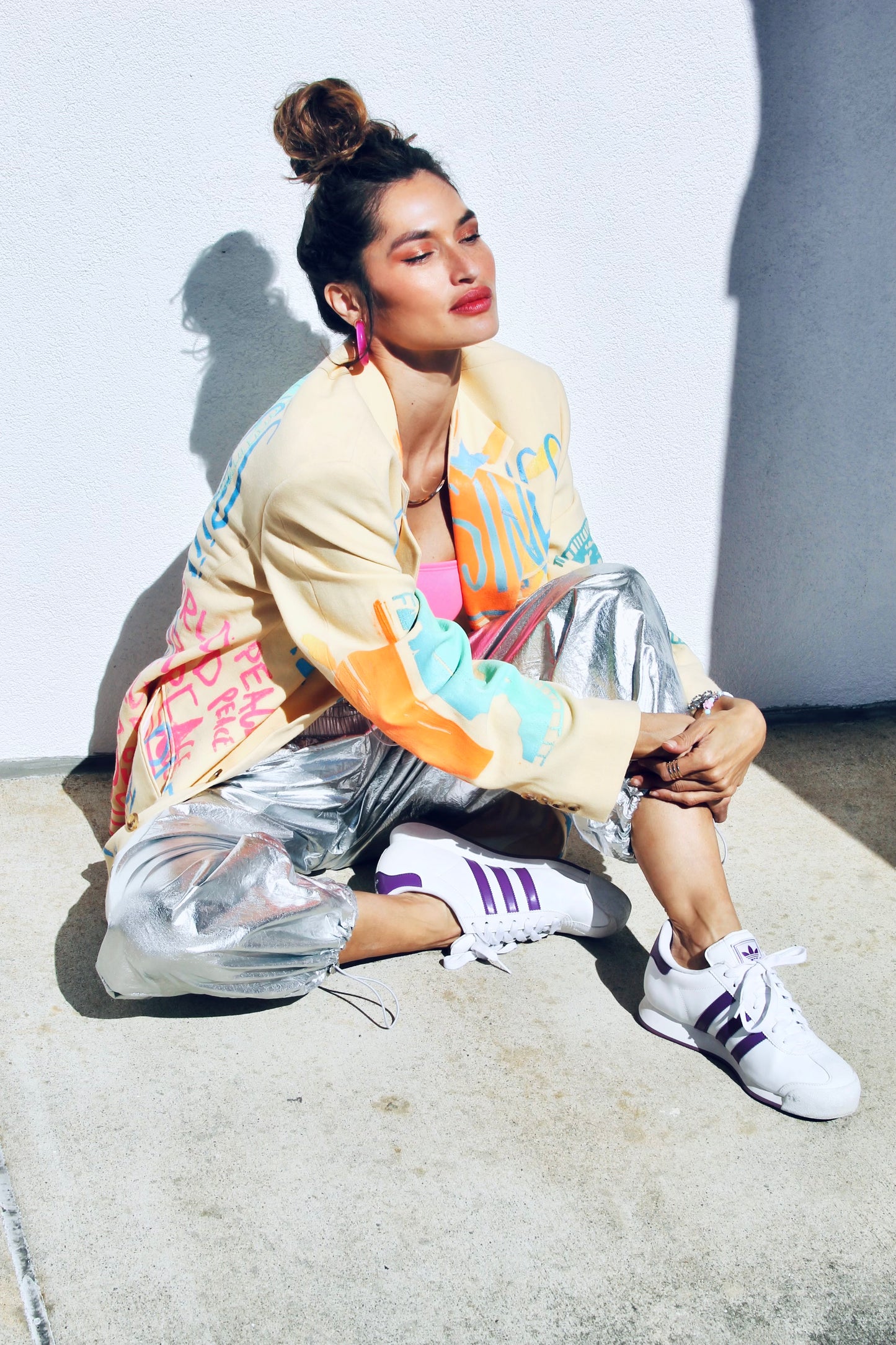 WORLD PEACE painted blazer *VINTAGE + HAND PAINTED + MADE IN THE USA* >> butter yellow + multi-colored graphics