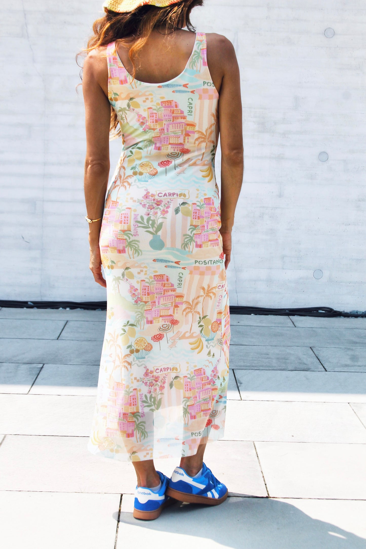 ONE-WAY TICKET super soft Italian inspired mesh midi dress, medium >> multi-Italian print