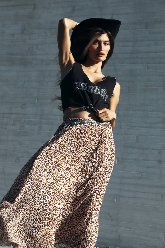 BIG CAT ENERGY leopard plisse maxi skirt, small >> beige + brown