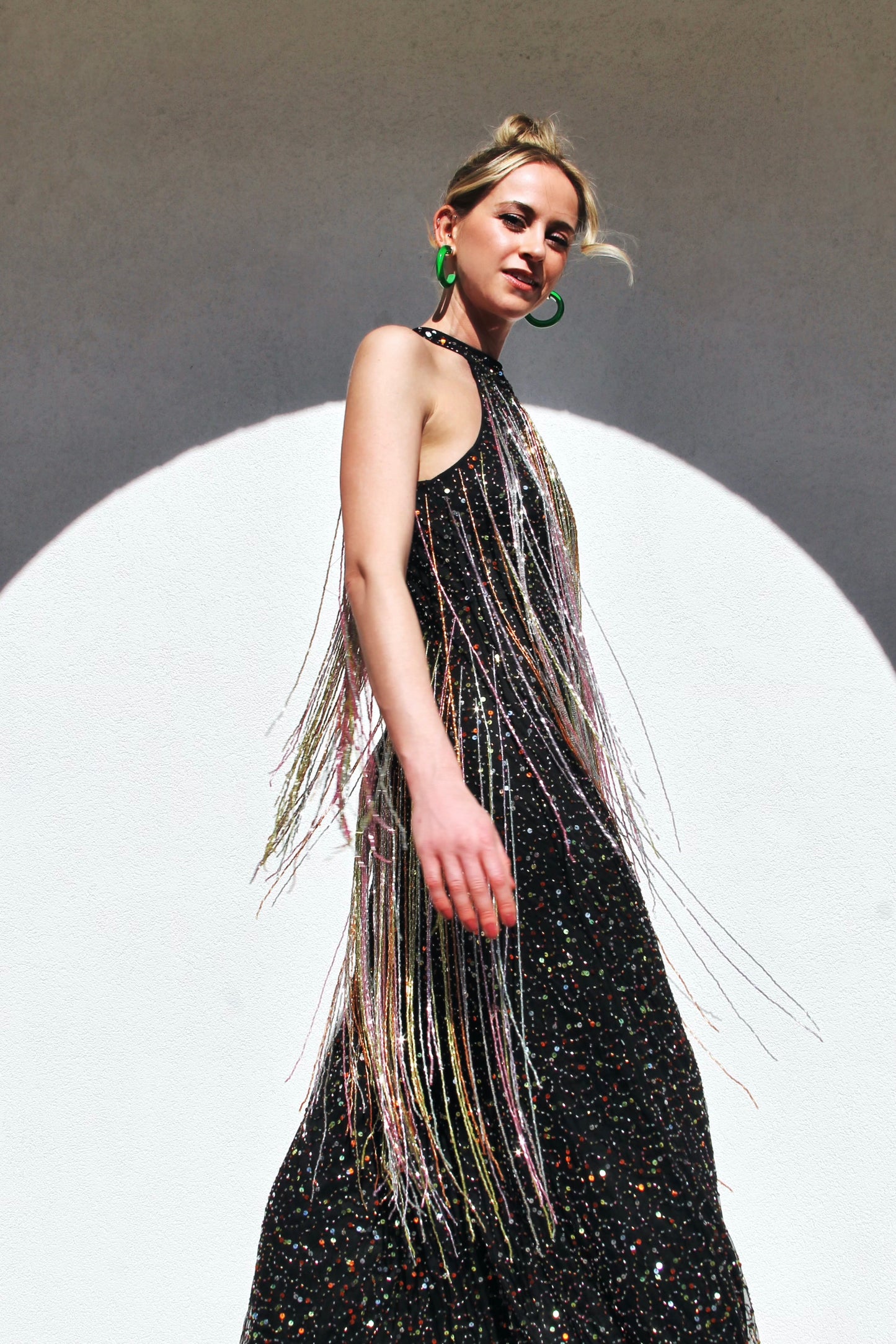 FIRECRACKER fully sequined + beaded tassel fringe jumpsuit *FOXY FAVE* size 4 >> black with multi-colored sequins