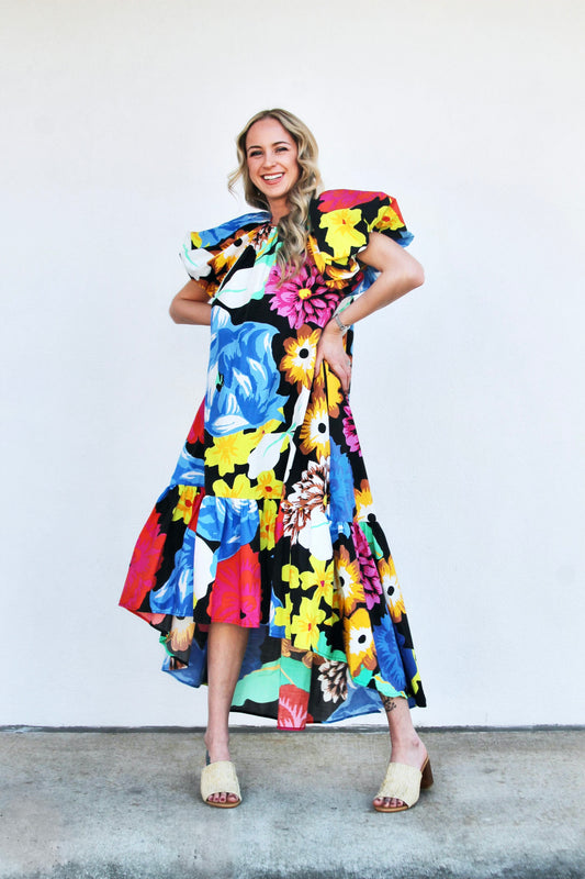 FOR THE LOVE OF FLORA vibrant + high-low midi dress, size extra small >> black with multicolored floral print