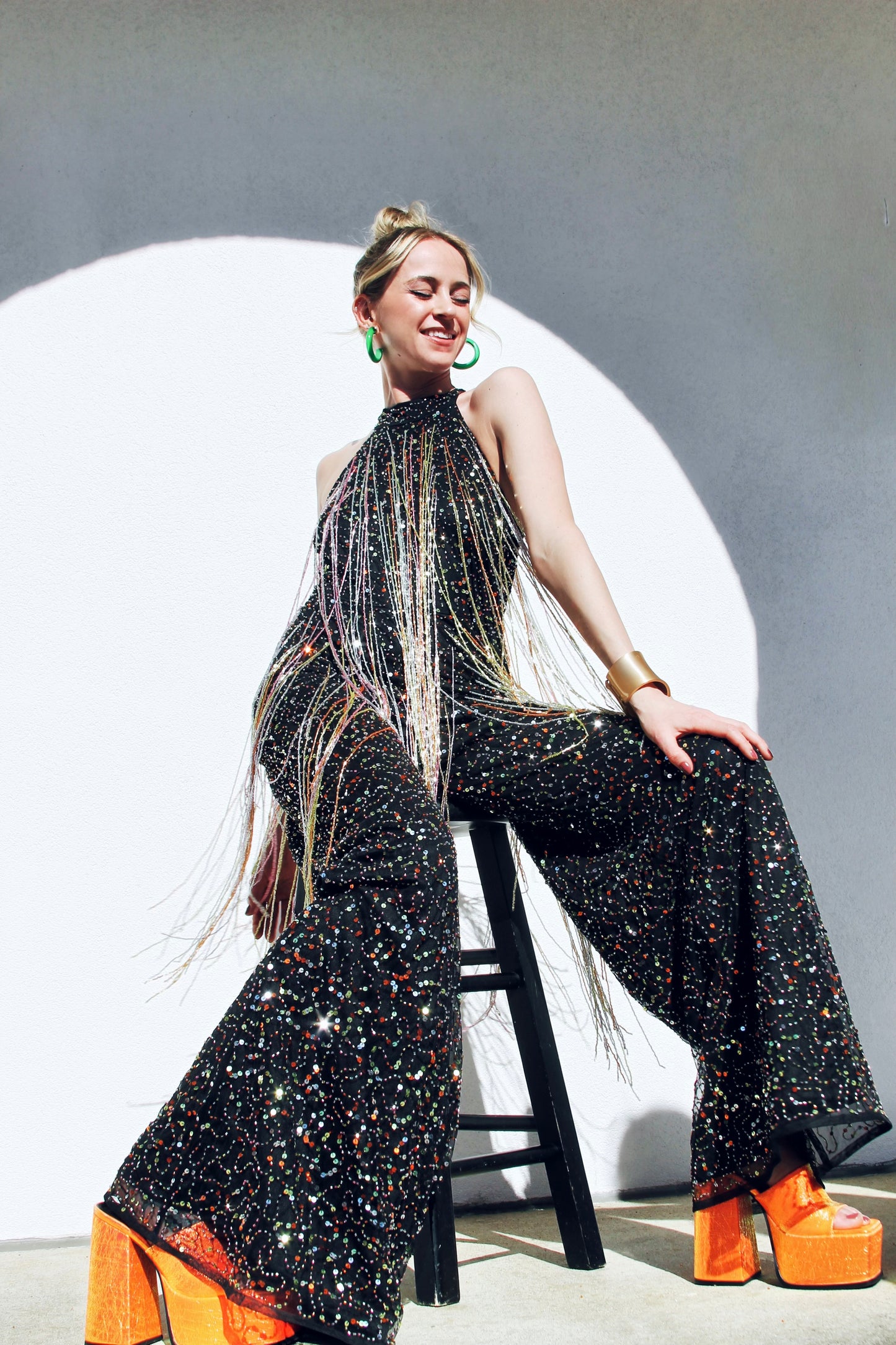 FIRECRACKER fully sequined + beaded tassel fringe jumpsuit *FOXY FAVE* size 4 >> black with multi-colored sequins