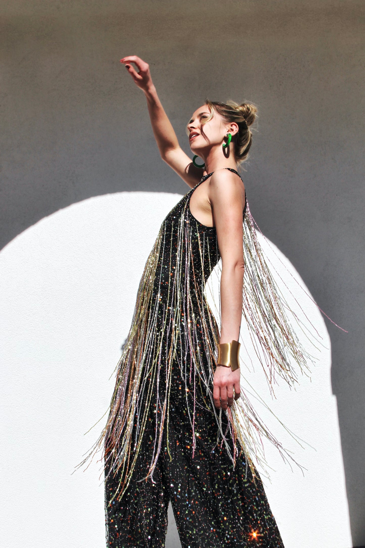 FIRECRACKER fully sequined + beaded tassel fringe jumpsuit *FOXY FAVE* size 4 >> black with multi-colored sequins
