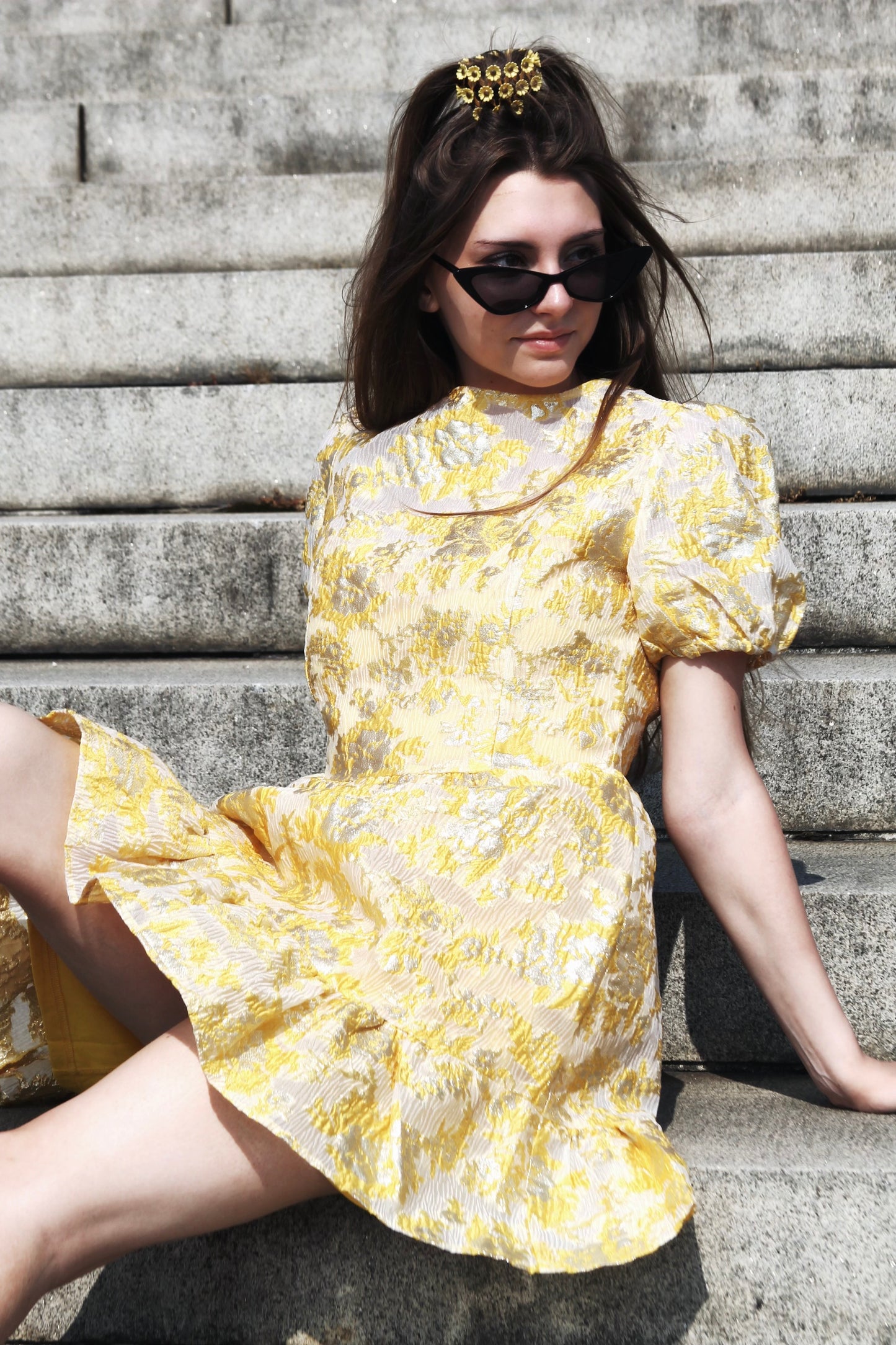 FALL INTO ME lustrous + brocade mini dress, small >> golden canary