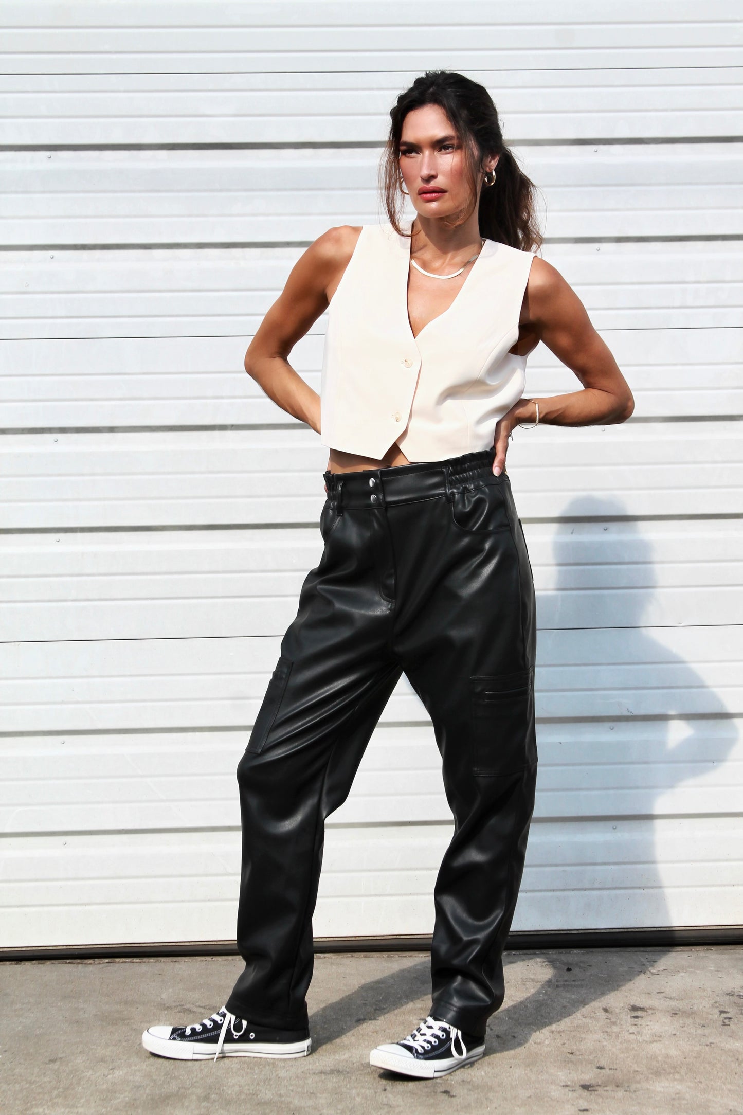 STAR CROSSED dropped crotch vegan leather cargo pants, size 28