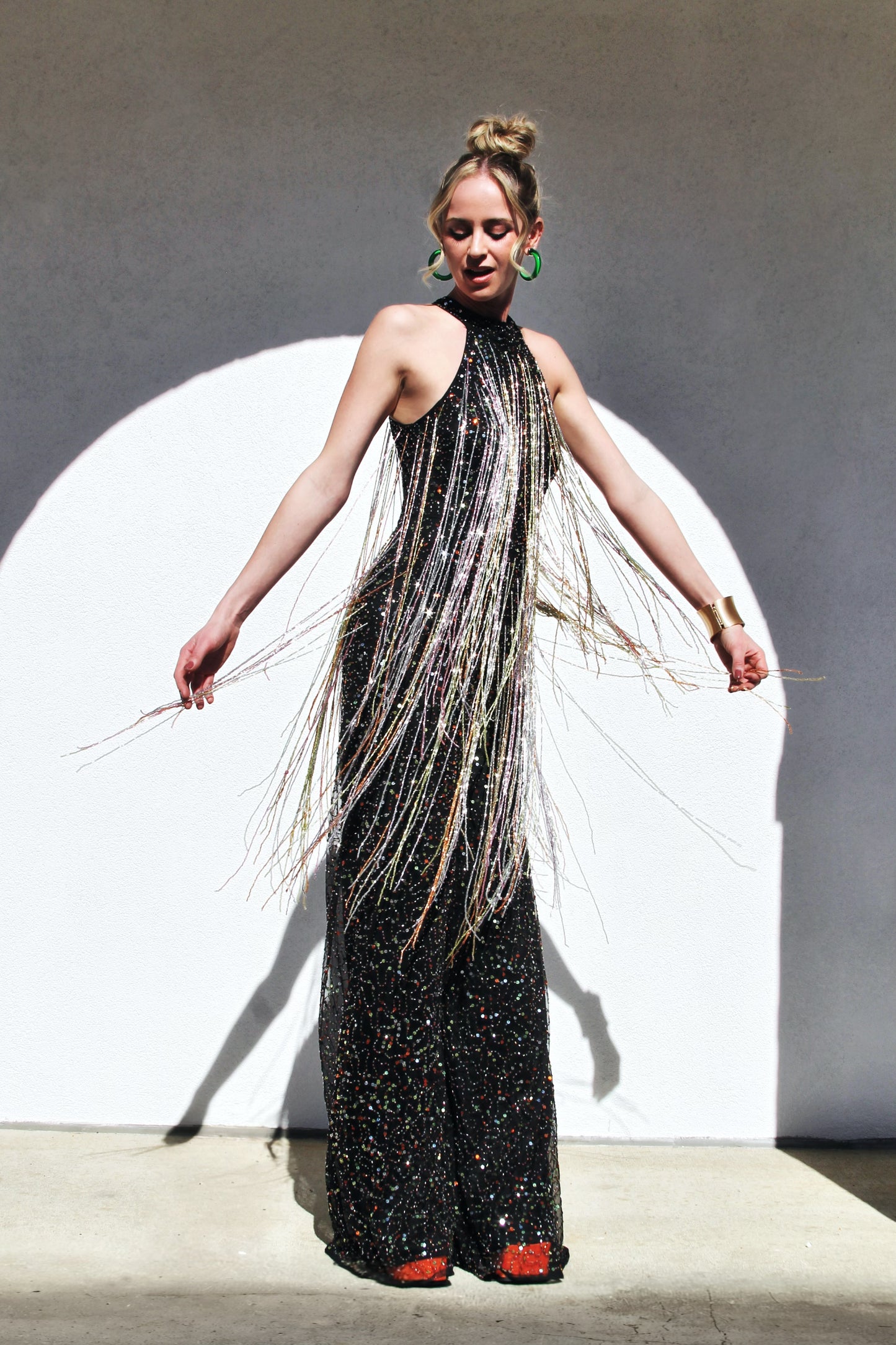 FIRECRACKER fully sequined + beaded tassel fringe jumpsuit *FOXY FAVE* size 4 >> black with multi-colored sequins