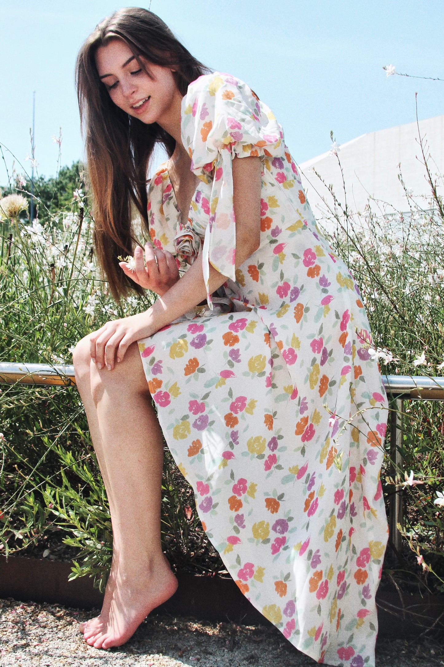 FORGET ME NOT asymmetrical + high-low floral dress, small >> white w/ floral print
