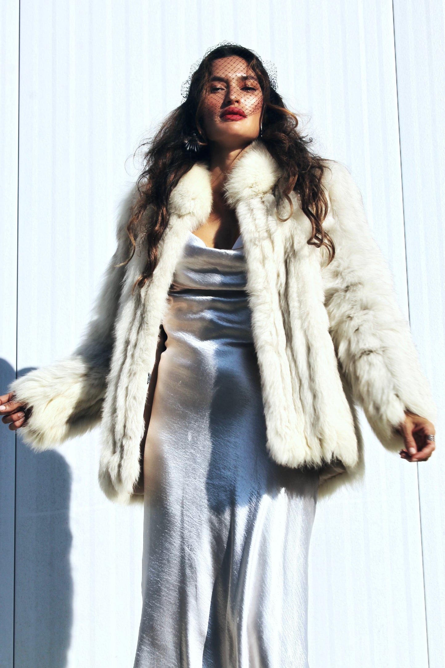 FOXY SOCIETY fur coat, small/medium *VINTAGE + GENUINE FOX FUR, SILK, SUEDE + JACQUES SAINT LAURENT*