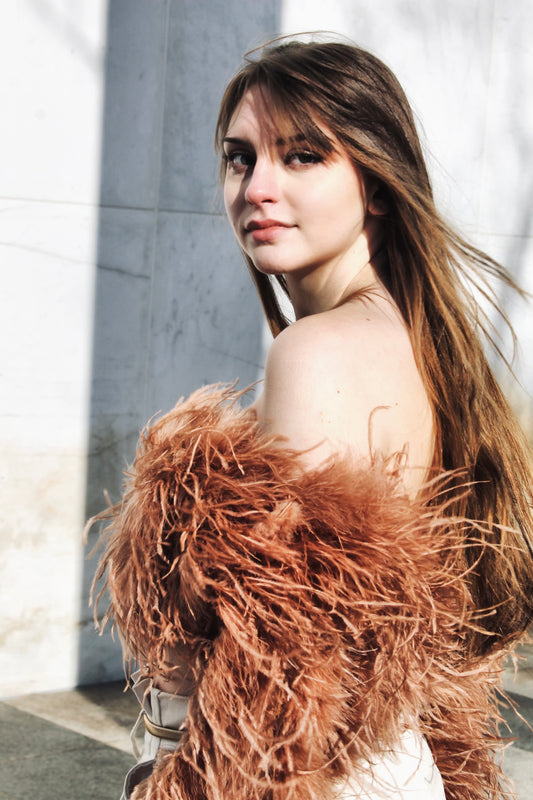 CROSS MY HEART long sleeve feather bandeau, size medium >> rose pink