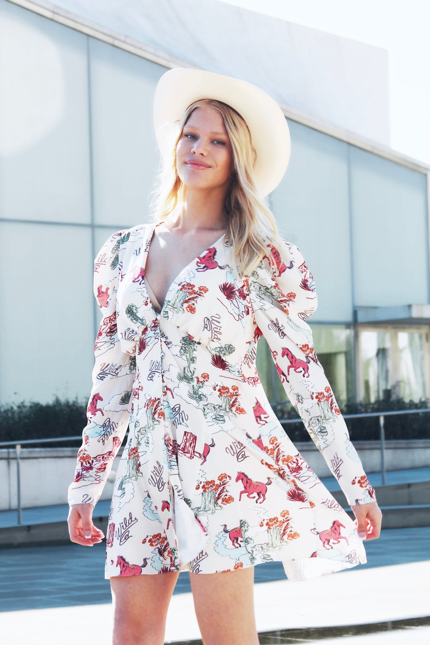 WILD AND FREE unique desert scene + puff sleeve dress, size 14 *ASOS + MADE IN ROMANIA*