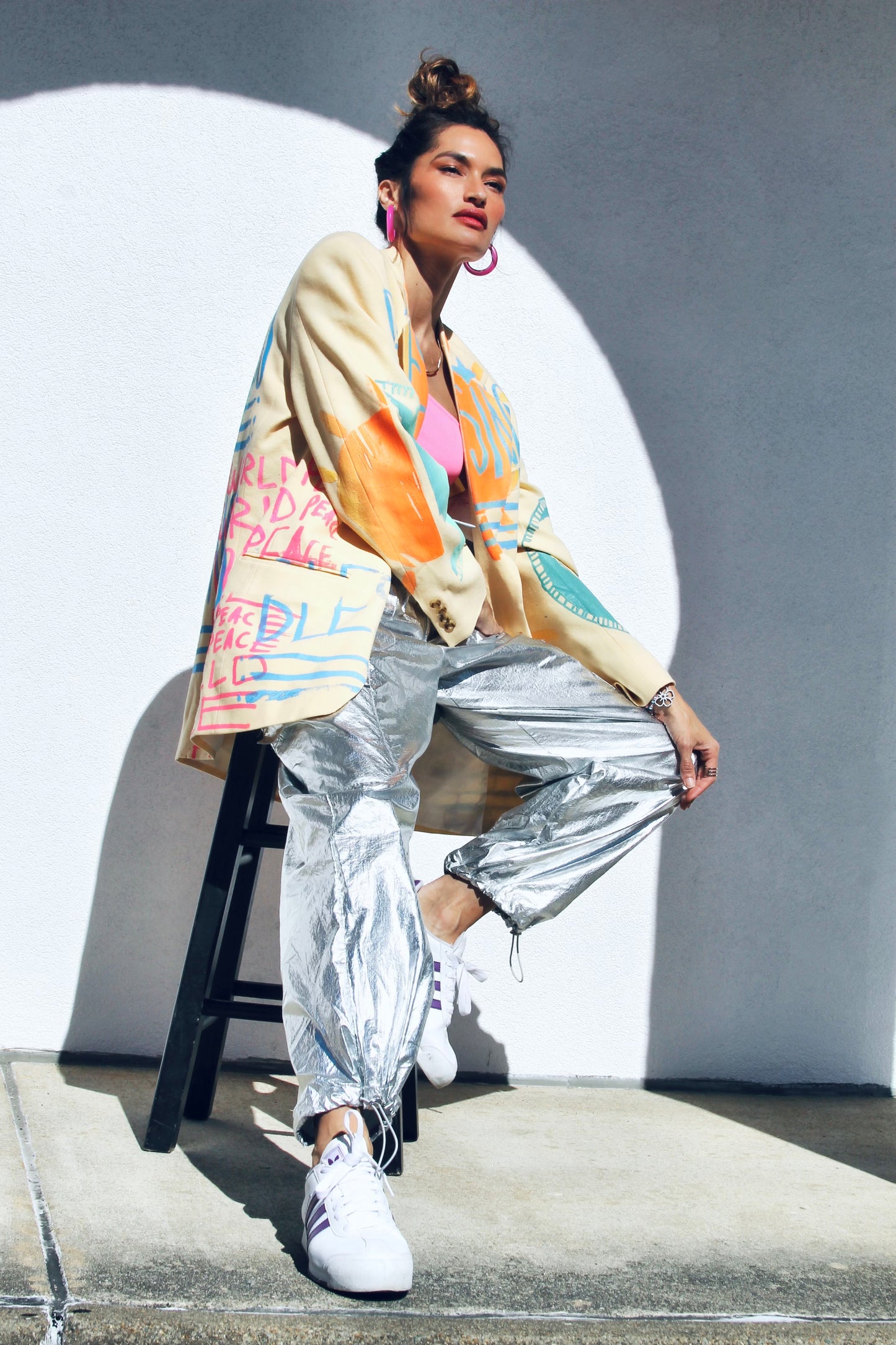 WORLD PEACE painted blazer *VINTAGE + HAND PAINTED + MADE IN THE USA* >> butter yellow + multi-colored graphics