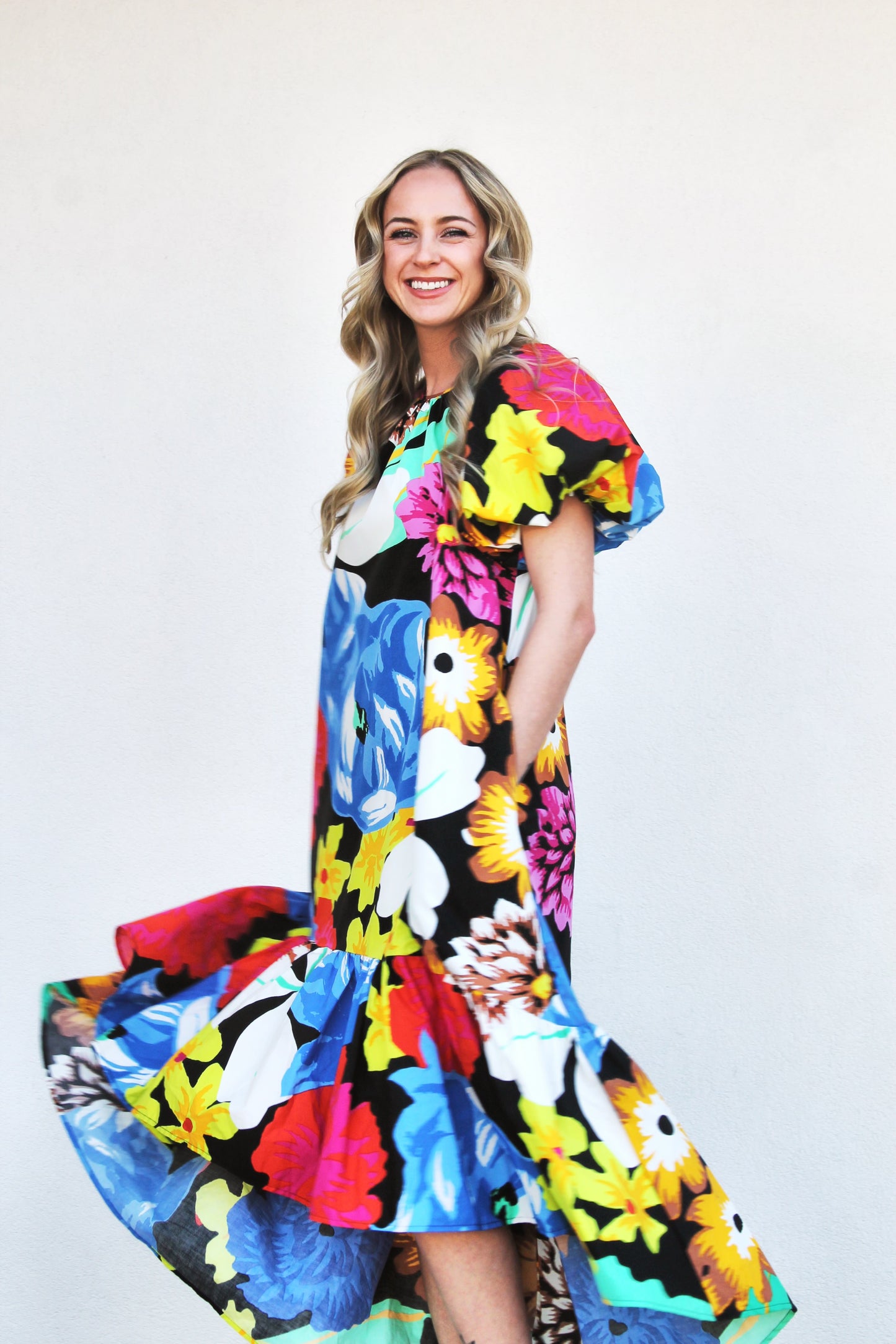 FOR THE LOVE OF FLORA vibrant + high-low midi dress, size extra small >> black with multicolored floral print