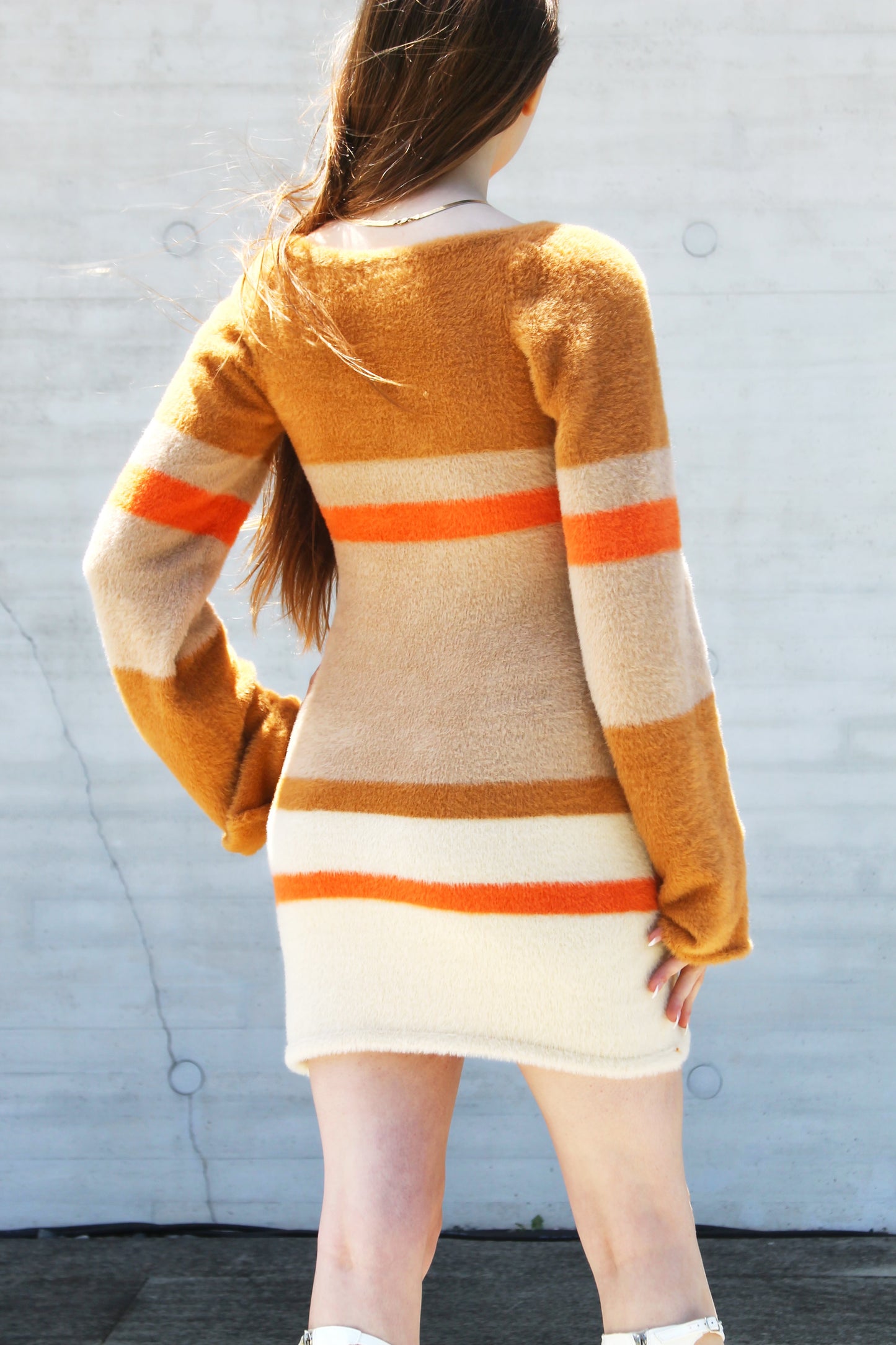 70’s SORT OF THANG striped fuzzy bell sleeve knit sweater dress, small *VINTAGE*