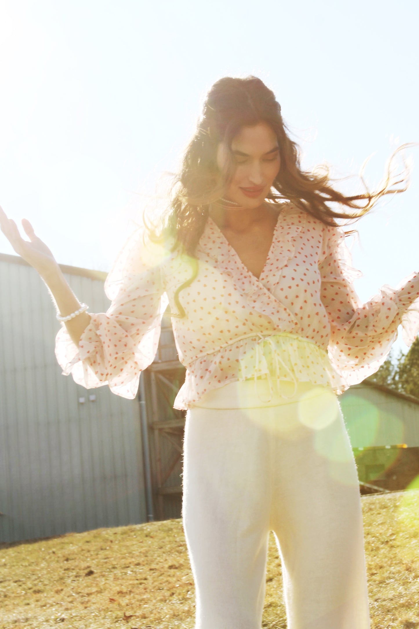HEART STRINGS sheer + ruffle heart polka dot top, large