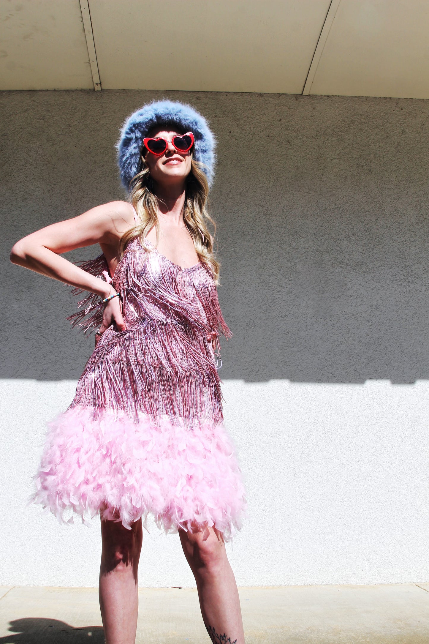 BOTTLE SERVICE sparkle fringe+ feather hem mini sequin party dress, large >> flamingo pink