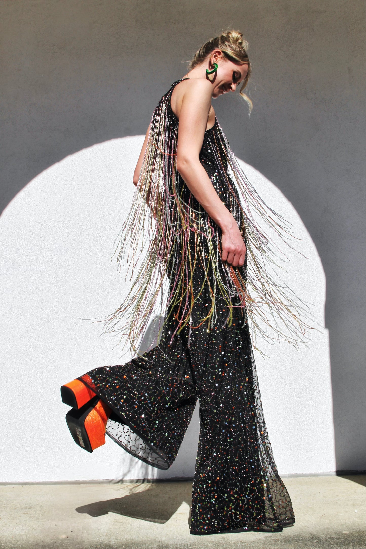 FIRECRACKER fully sequined + beaded tassel fringe jumpsuit *FOXY FAVE* size 4 >> black with multi-colored sequins