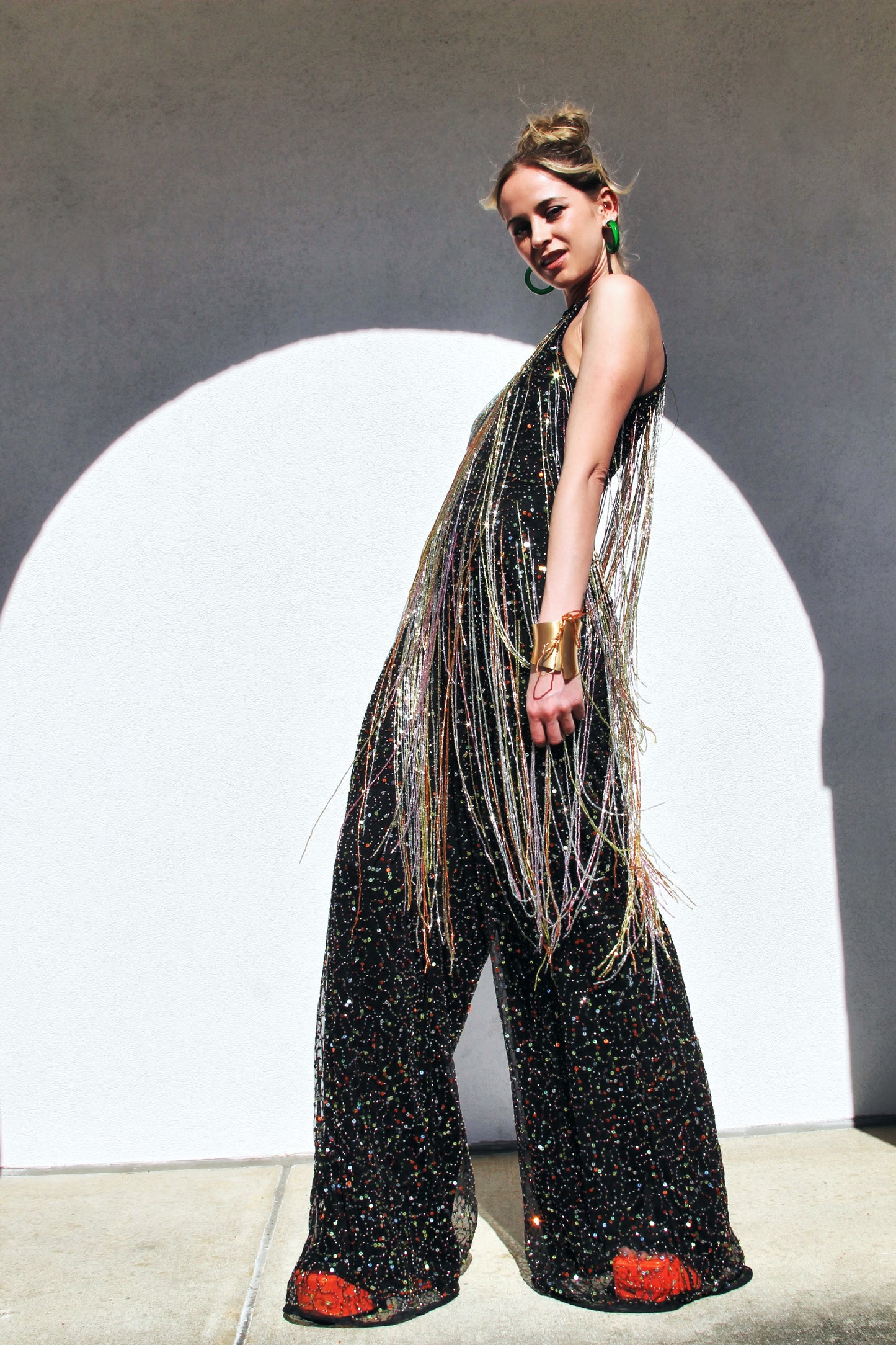 FIRECRACKER fully sequined + beaded tassel fringe jumpsuit *FOXY FAVE* size 4 >> black with multi-colored sequins
