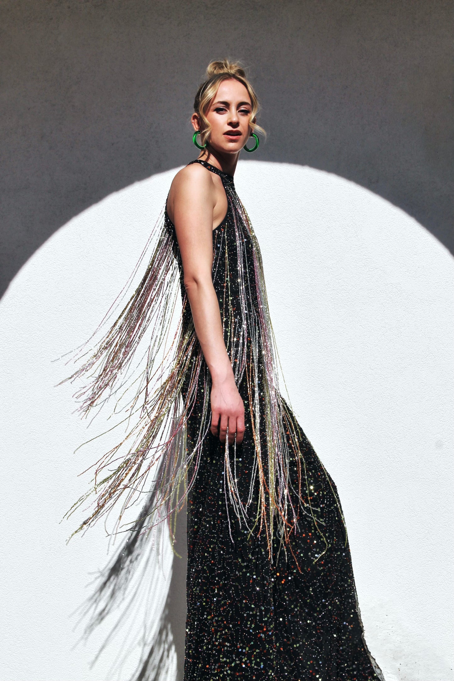 FIRECRACKER fully sequined + beaded tassel fringe jumpsuit *FOXY FAVE* size 4 >> black with multi-colored sequins