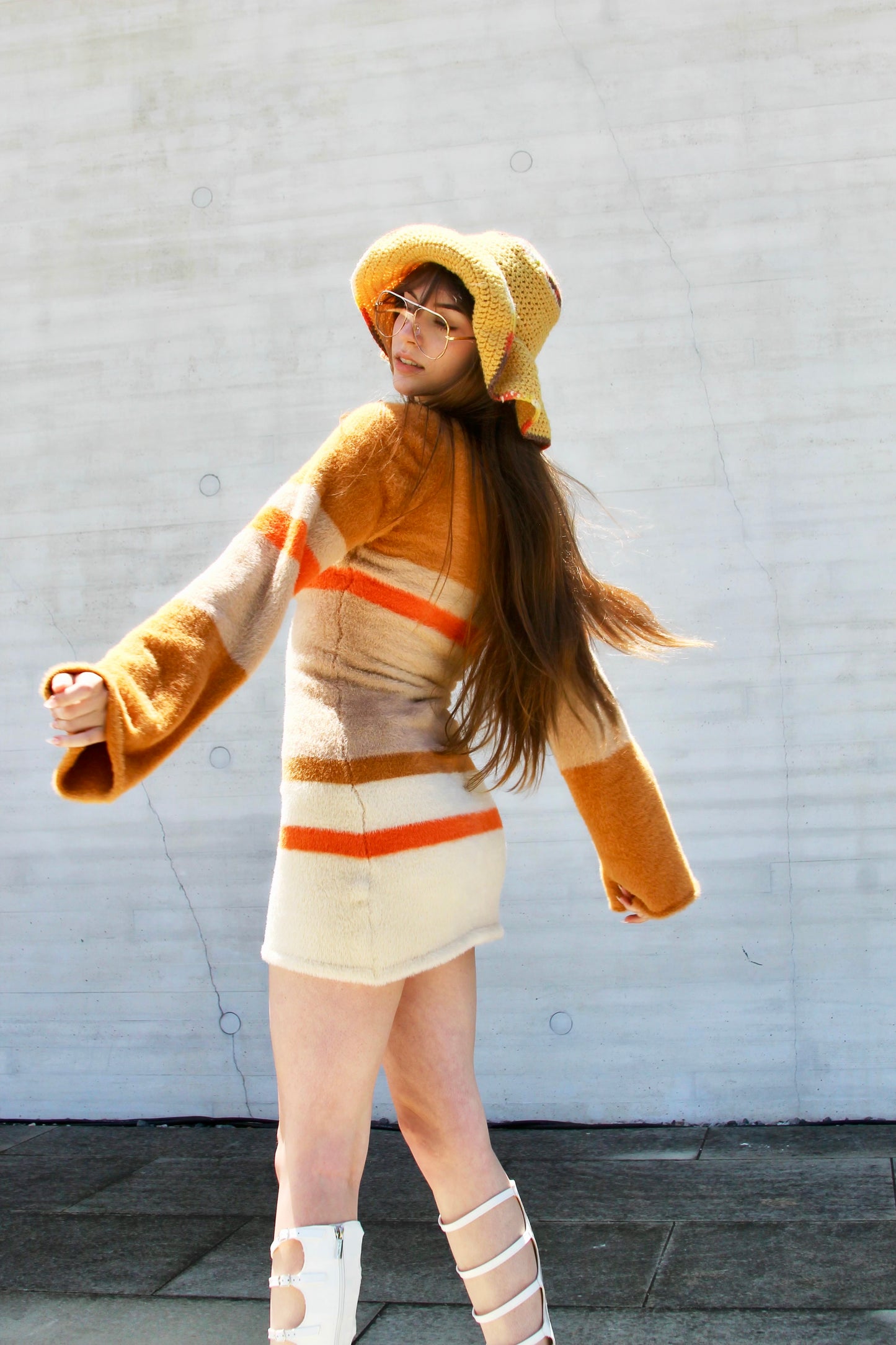70’s SORT OF THANG striped fuzzy bell sleeve knit sweater dress, small *VINTAGE*