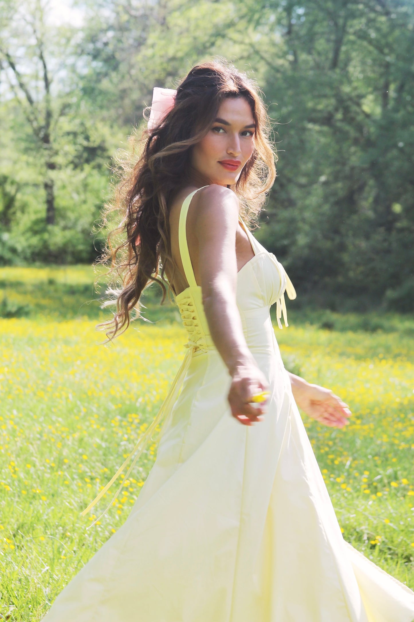 RUN FREE pale yellow lace-up corset sundress, in size small, medium & large