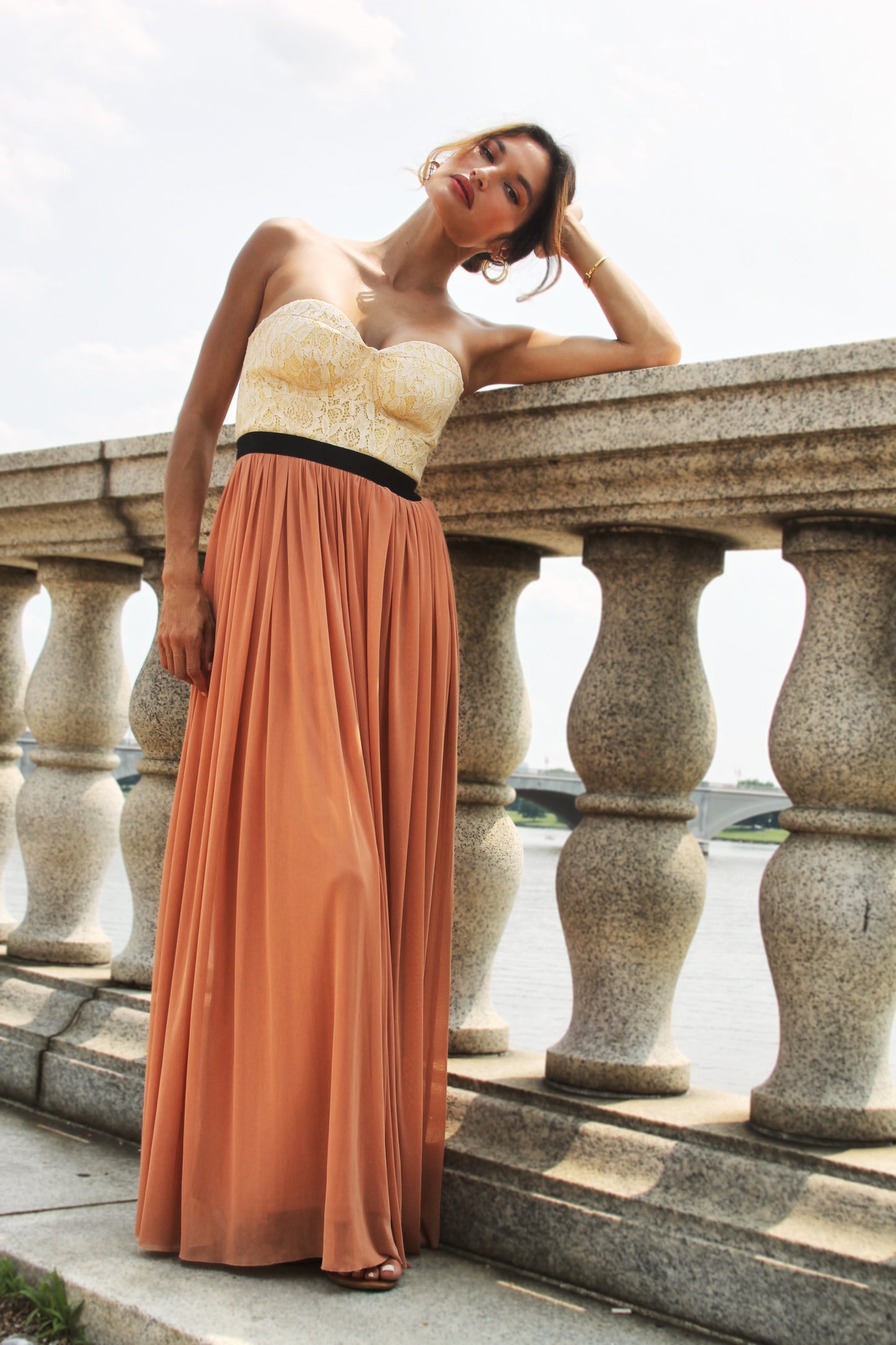 A LA MODE corset maxi dress, size small, Say What >> pumpkin + french vanilla