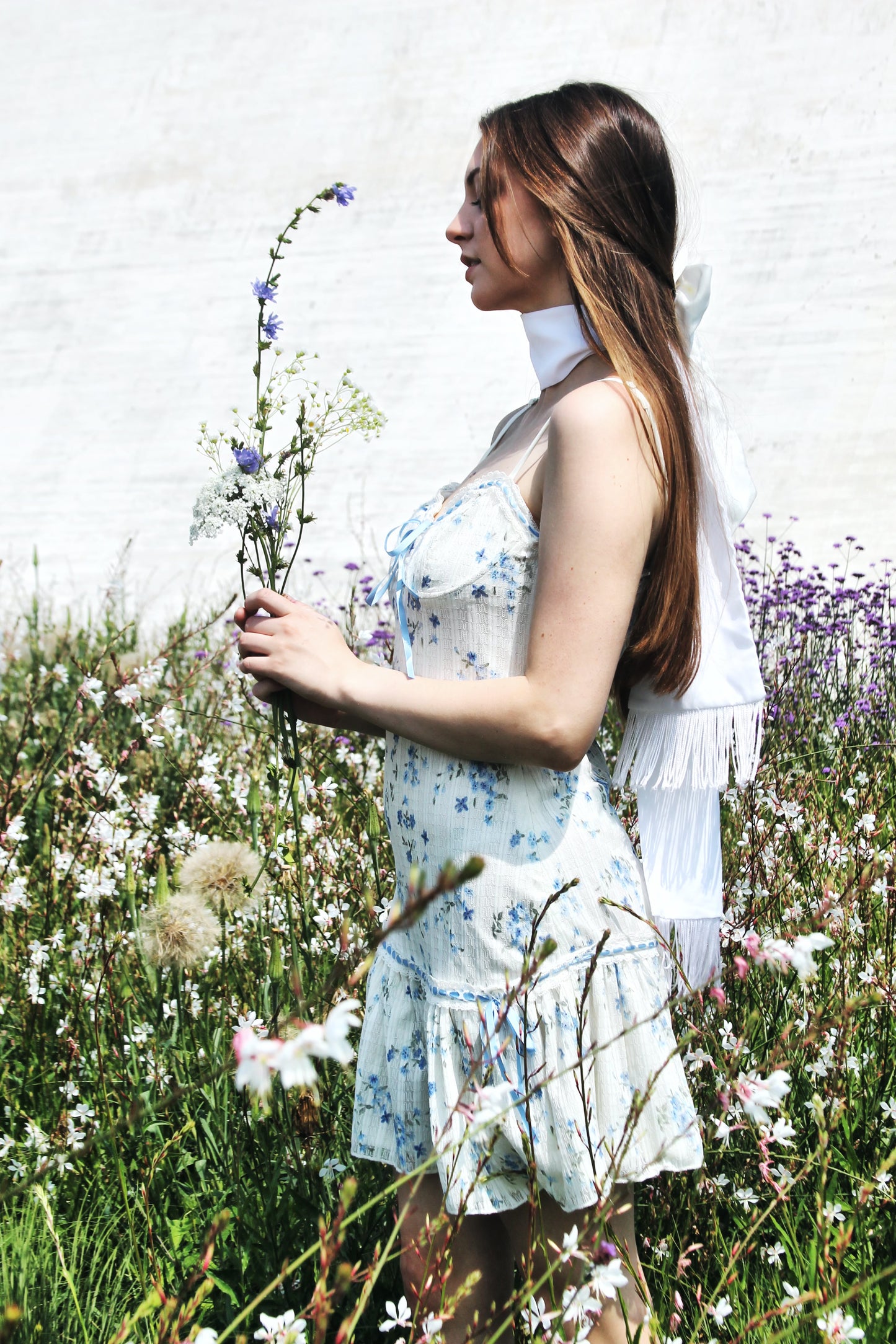EDEN drop waist + floral mini dress, size large >> cream with baby blue floral print + detailing