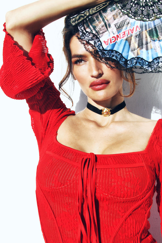 A SPANISH FALL romantic lace + bell sleeve mini dress, *VINTAGE GUCCI* medium >> red